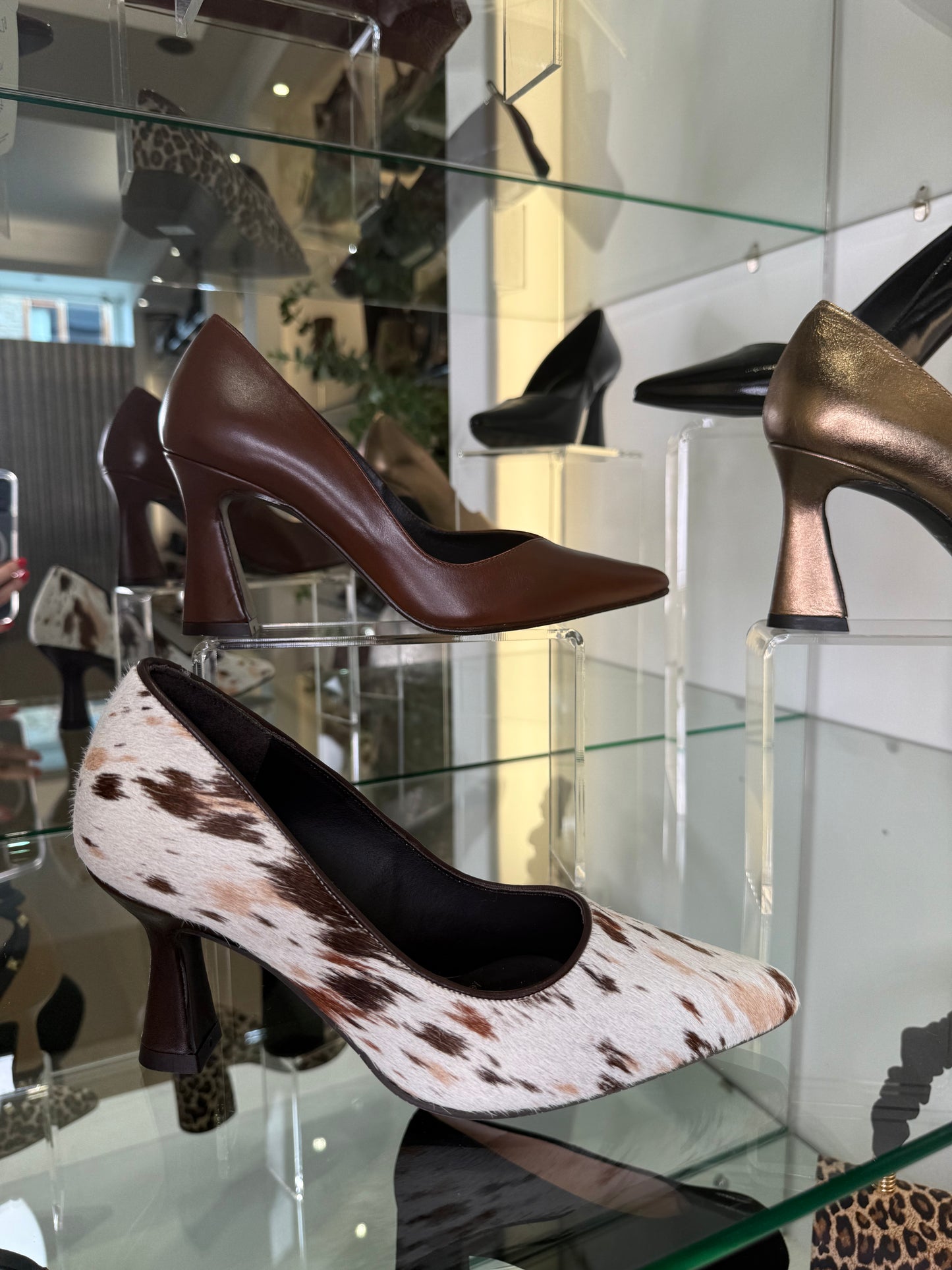 Lodi - Cream/ Brown Cow Print Pointy Toe Court Shoe