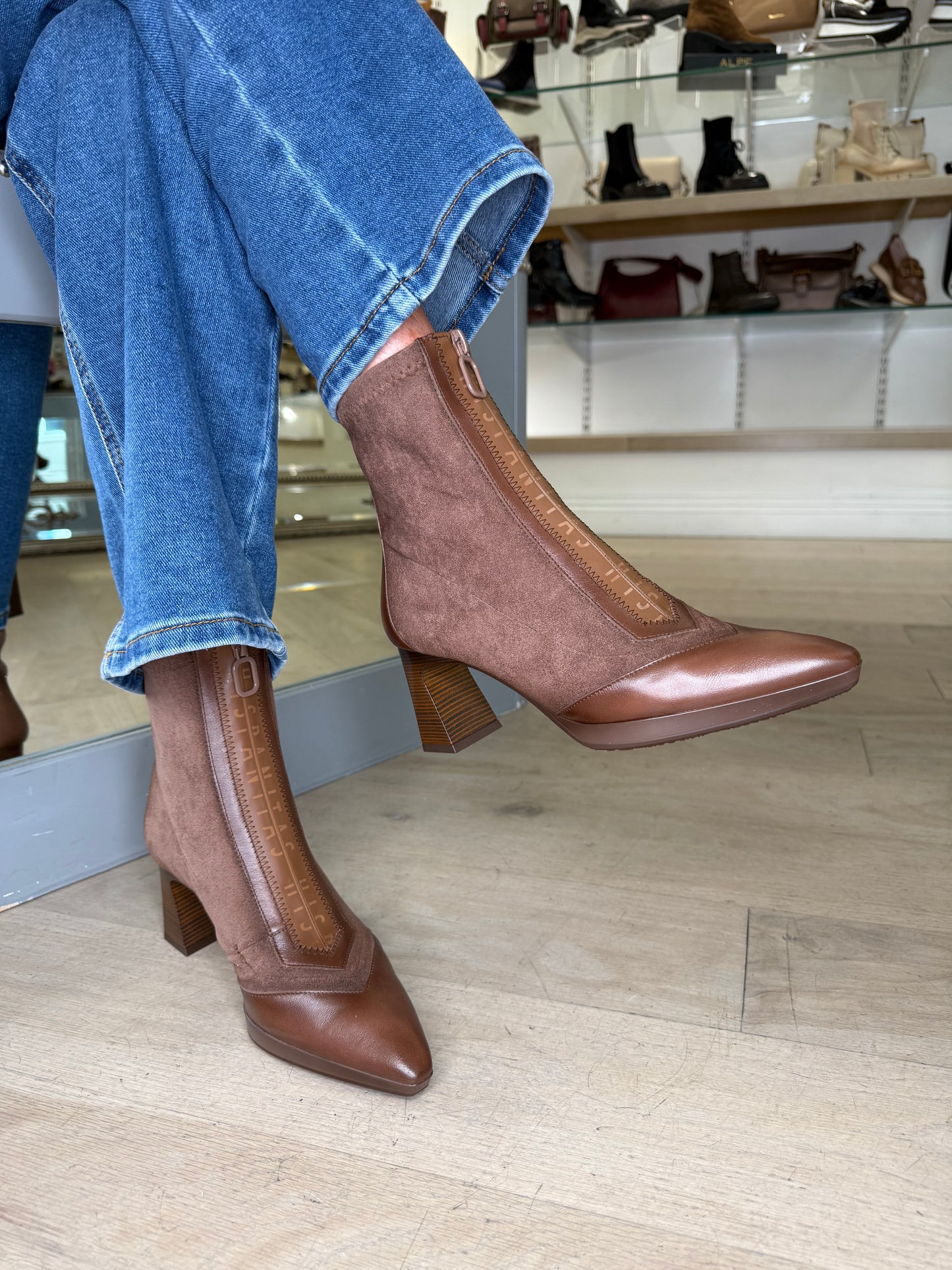 Hispanitas - Rich Brown Suede/ Leather Mix Pointy Toe Boot With Stacked Heel