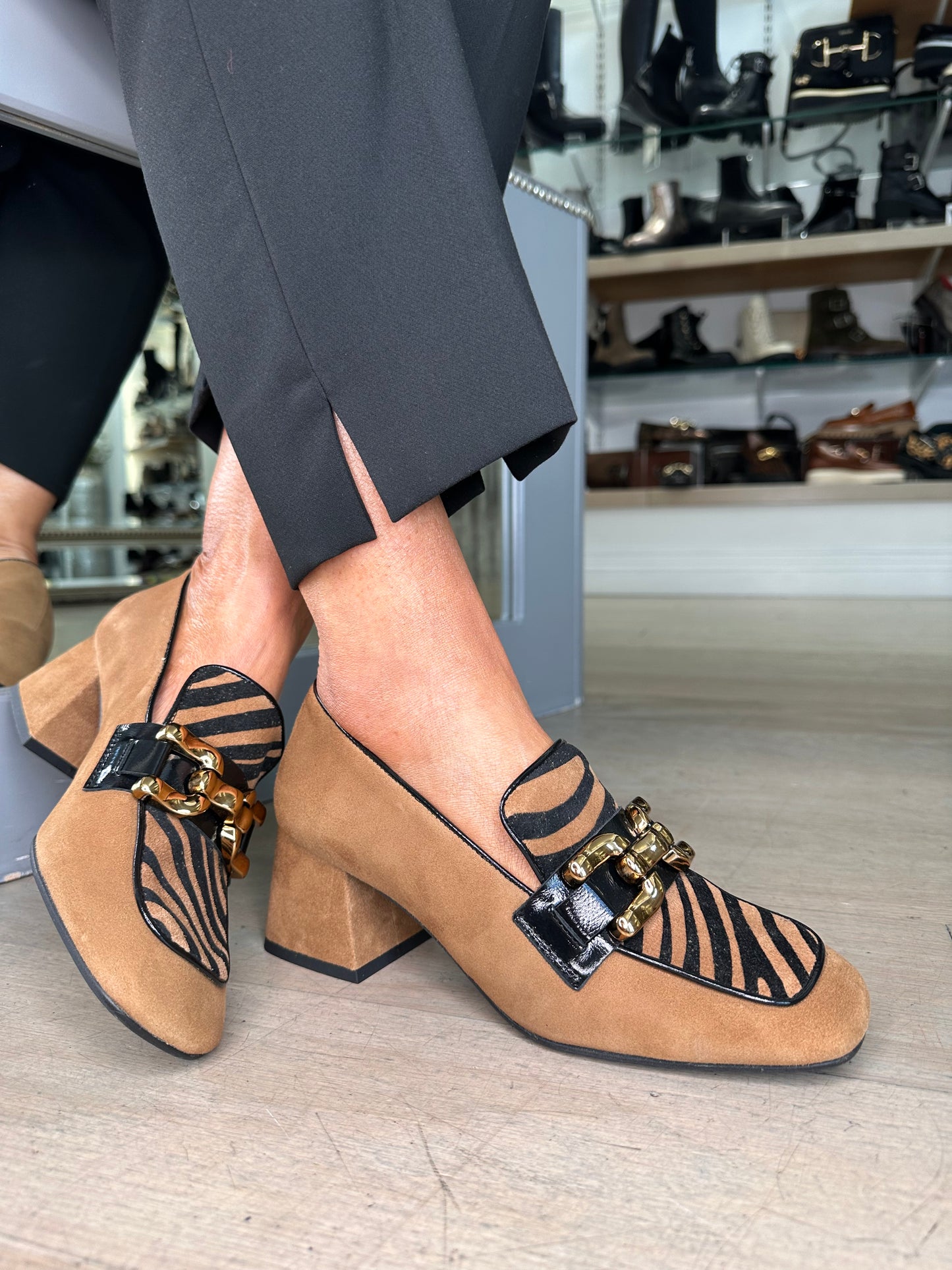 Marian - Tan Suede Block Heel Shoe With Zebra Print Trim
