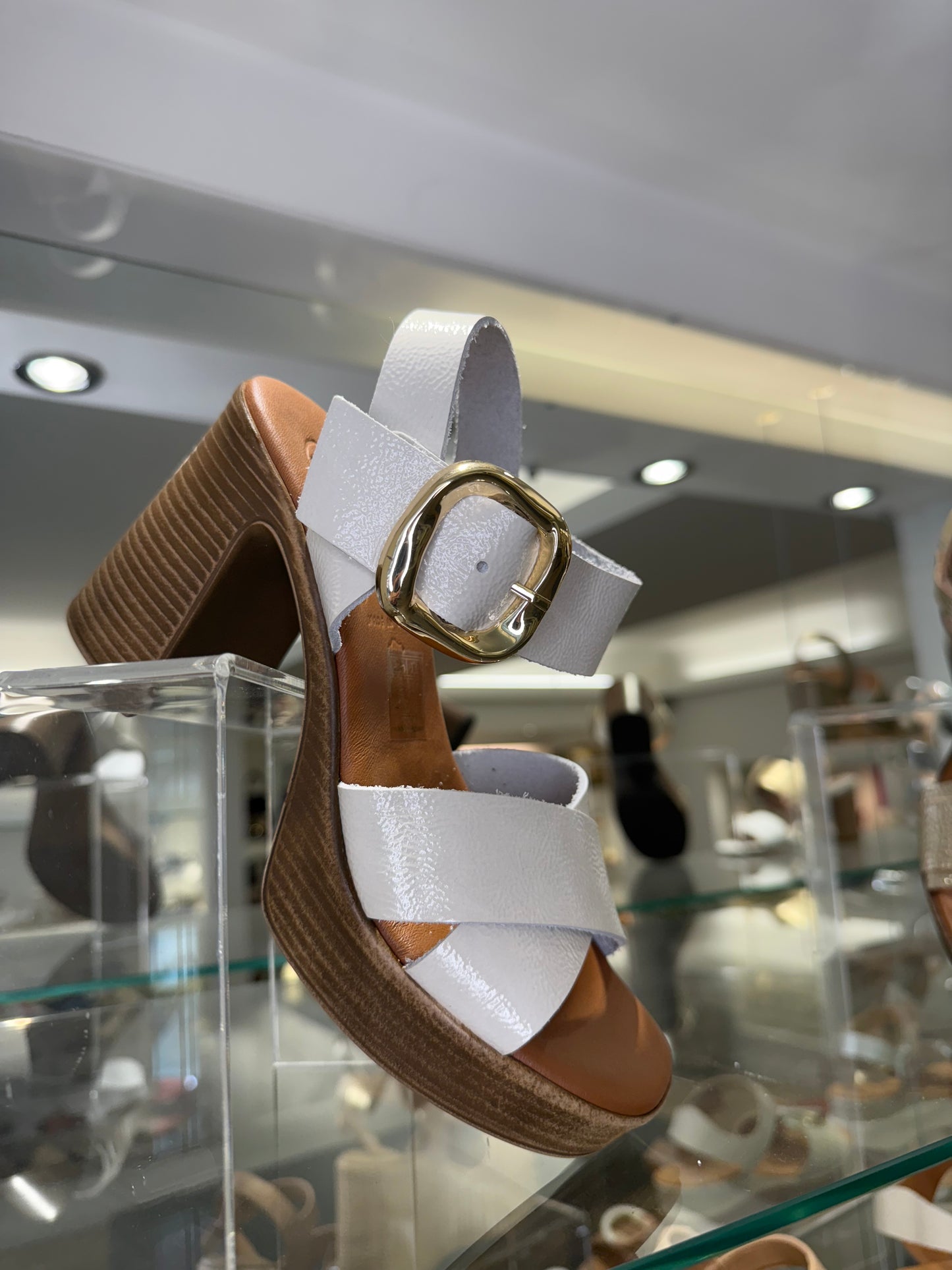 Oh My Sandals - Off White Flexy Patent Leather Block Heel Sandal With Platform Sole