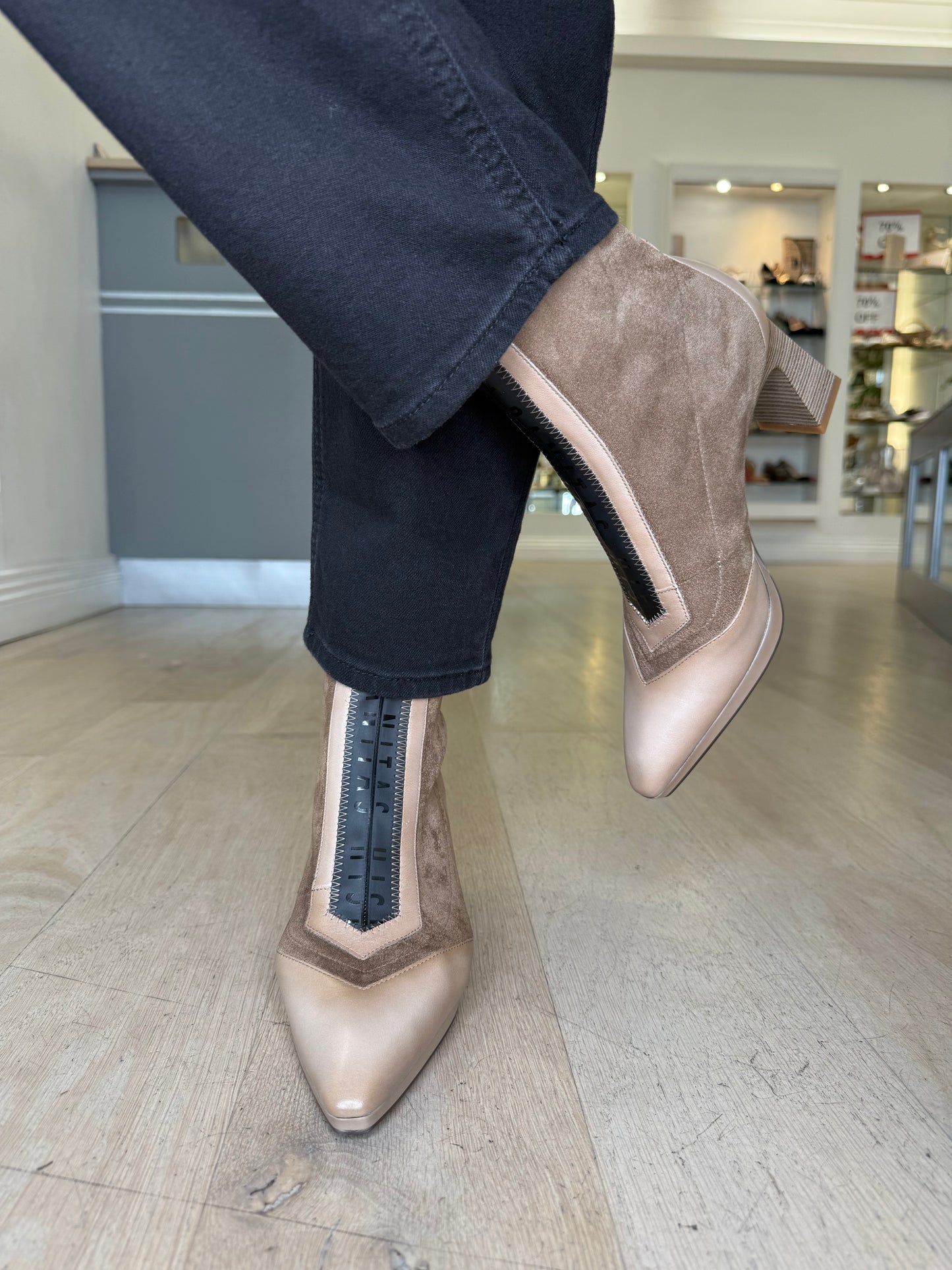 Hispanitas - Taupe Suede/Leather Mix Pointy Toe Boot With Stacked Heel
