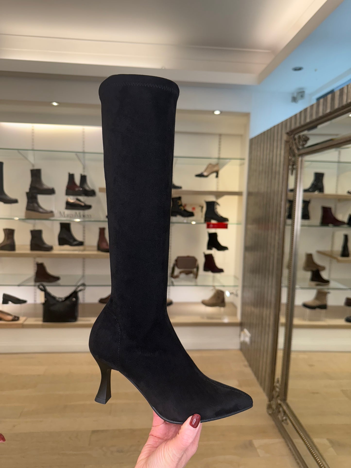 Miss Elastic - Long Pull On Black Stretch Suede Sock Pointed Toe Boot