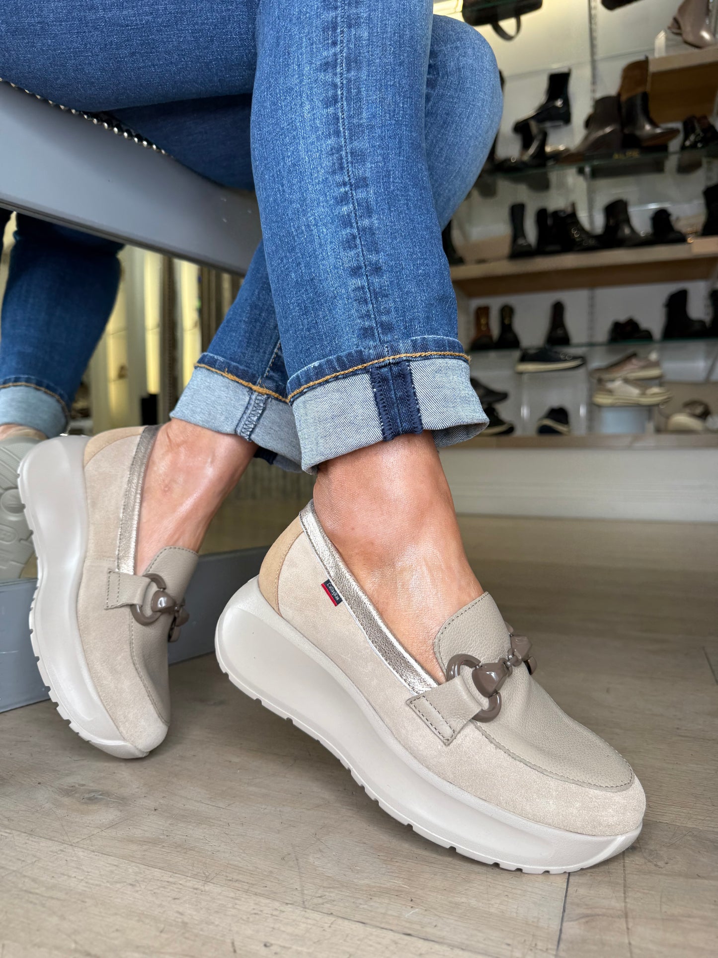 Callaghan - Stone Suede Leather Mix With Soft Bronze Trim Slip On Chunky Sole Shoe