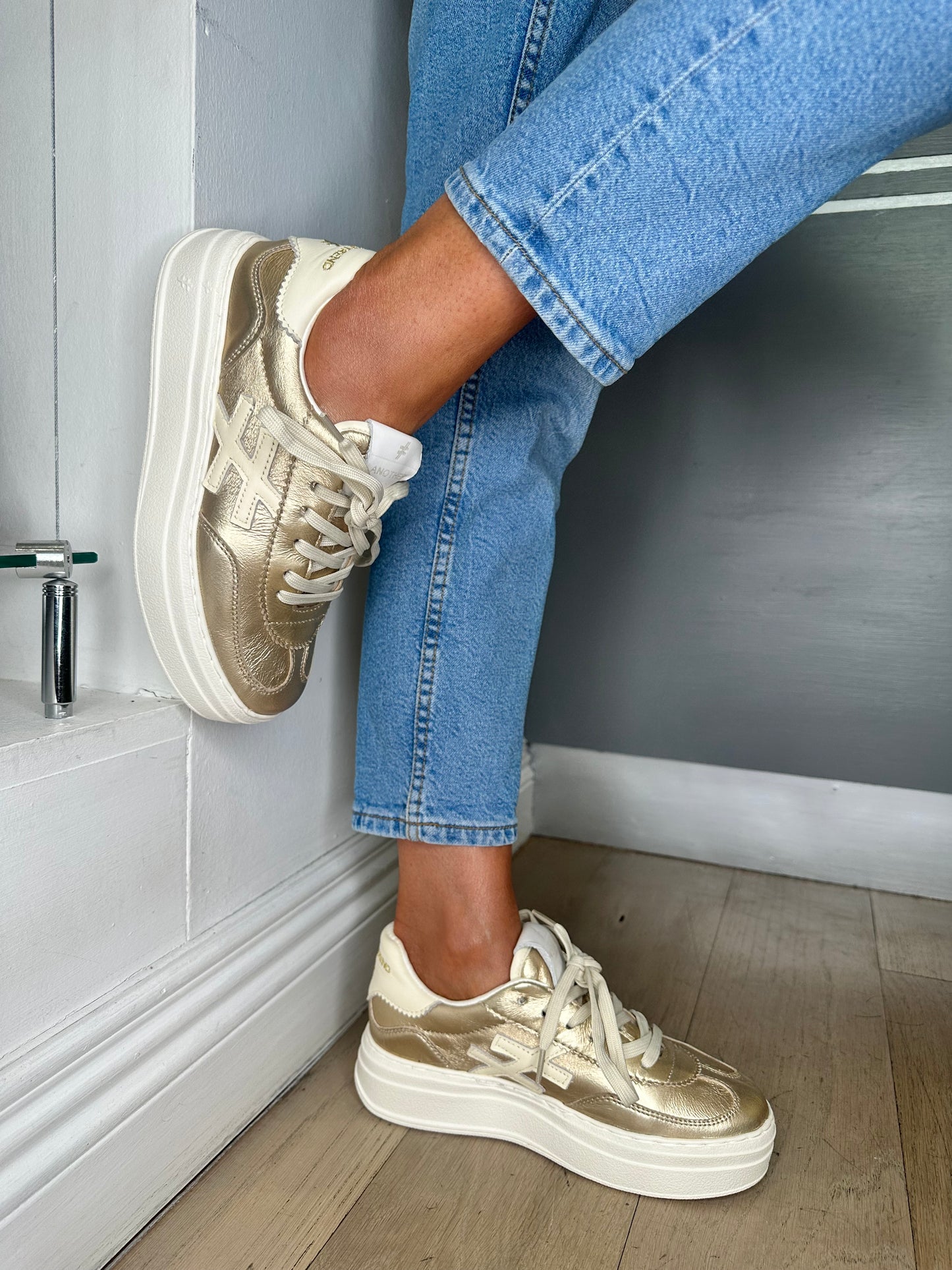 Another Trend - Soft Metallic Gold With Cream Trim & White Sole Platform Trainer
