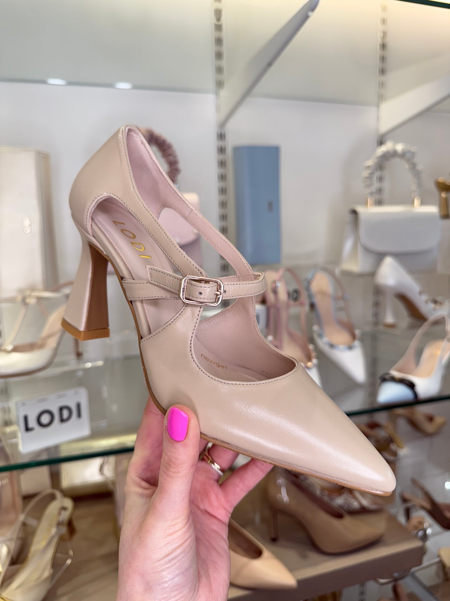 Lodi - Rich Cream Leather Pointy Toe Mary Jane Style With Flared Heel