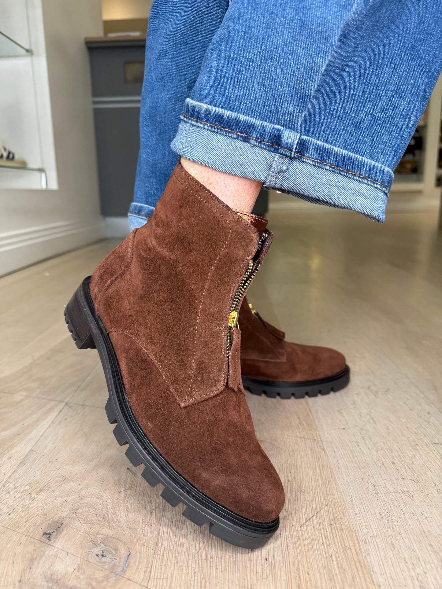 Ara -Chocolate Brown Suede Chelsea Style Boot With Bronze Trim
