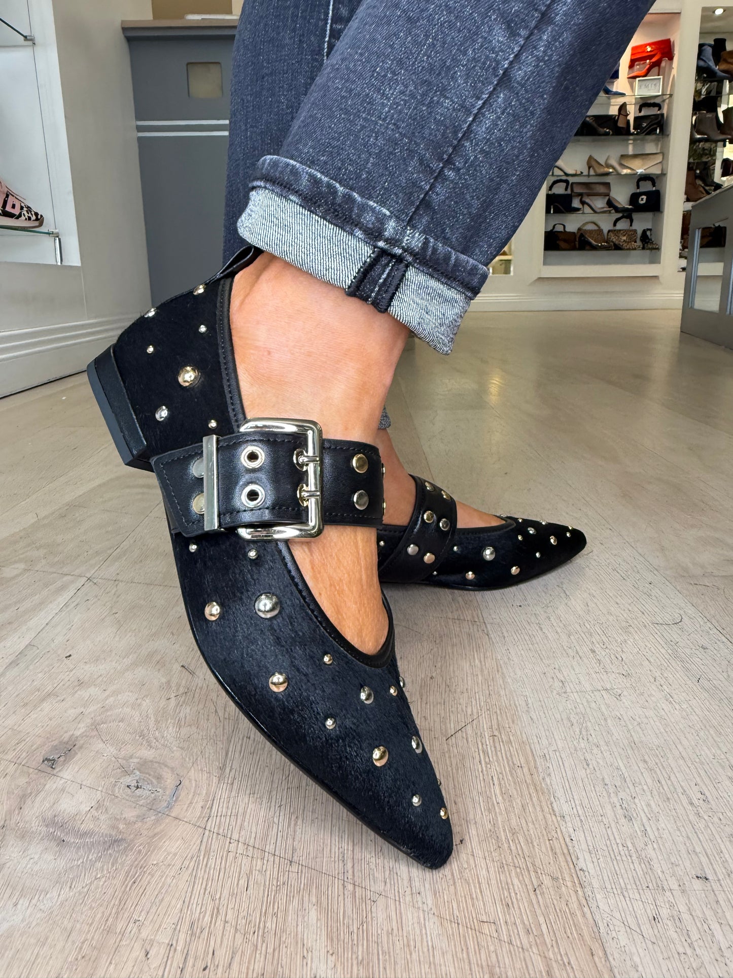 Lodi - Black Pointy Toe Pomps With Studded Trim