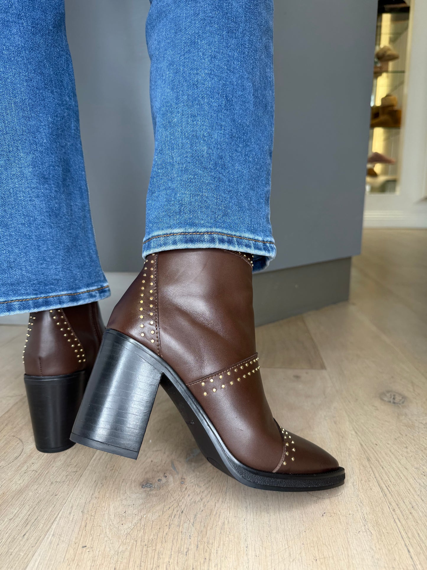 Alpe - Dark Brown Leather Boot With Gold Stud Trim & Block Heel