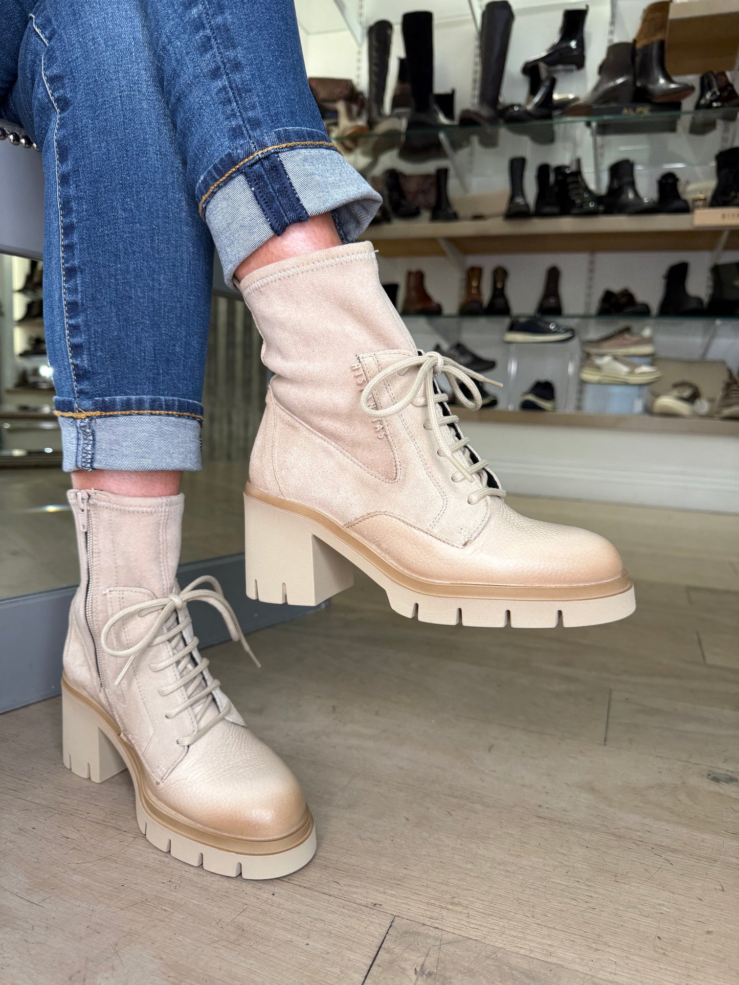 Hispanitas - Winter Cream Leather/ Suede Mix Boot With Lace Detail and Chunky Sole