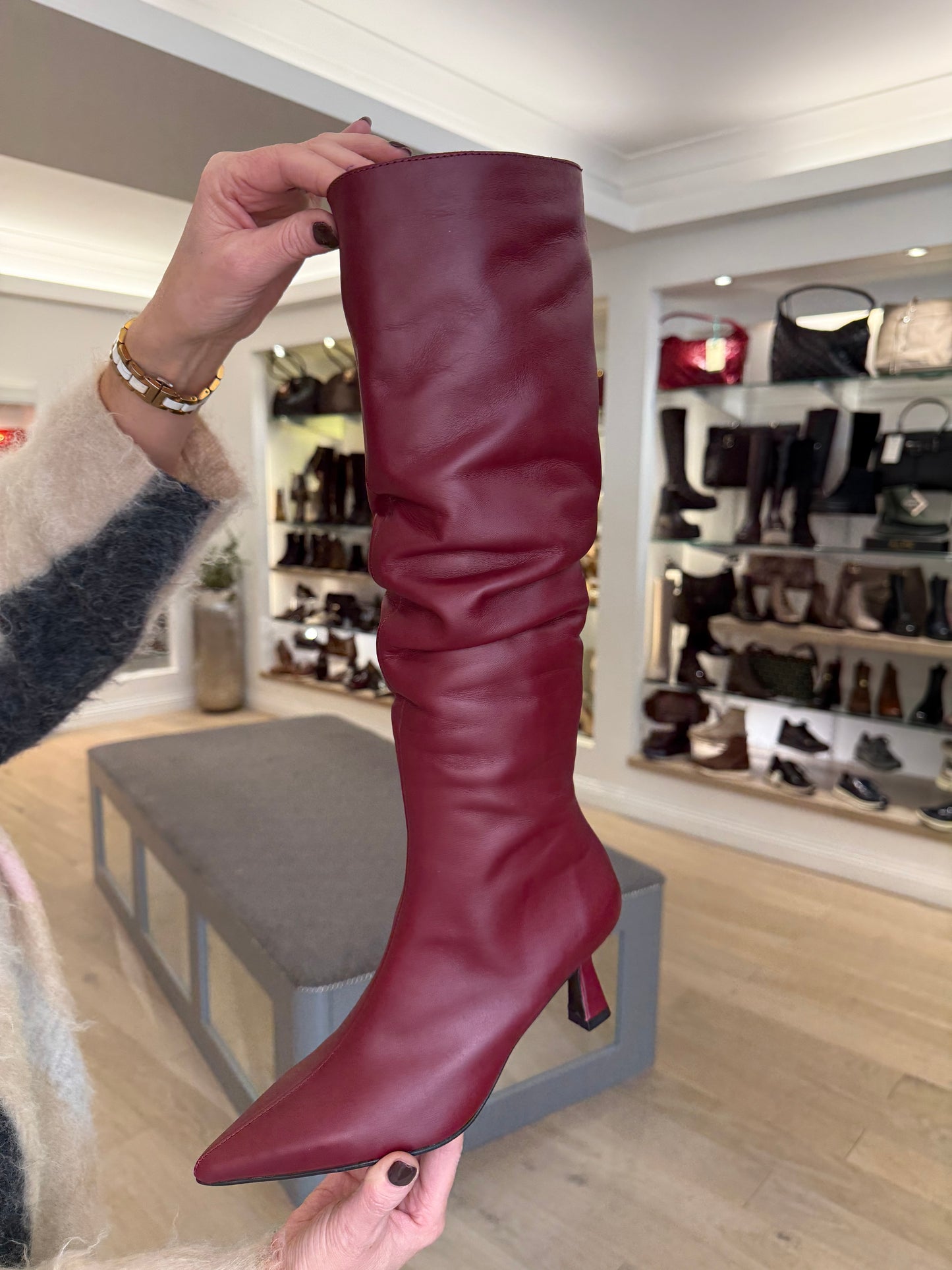 Marian - Long Bordoeaux Leather Ruched Boot