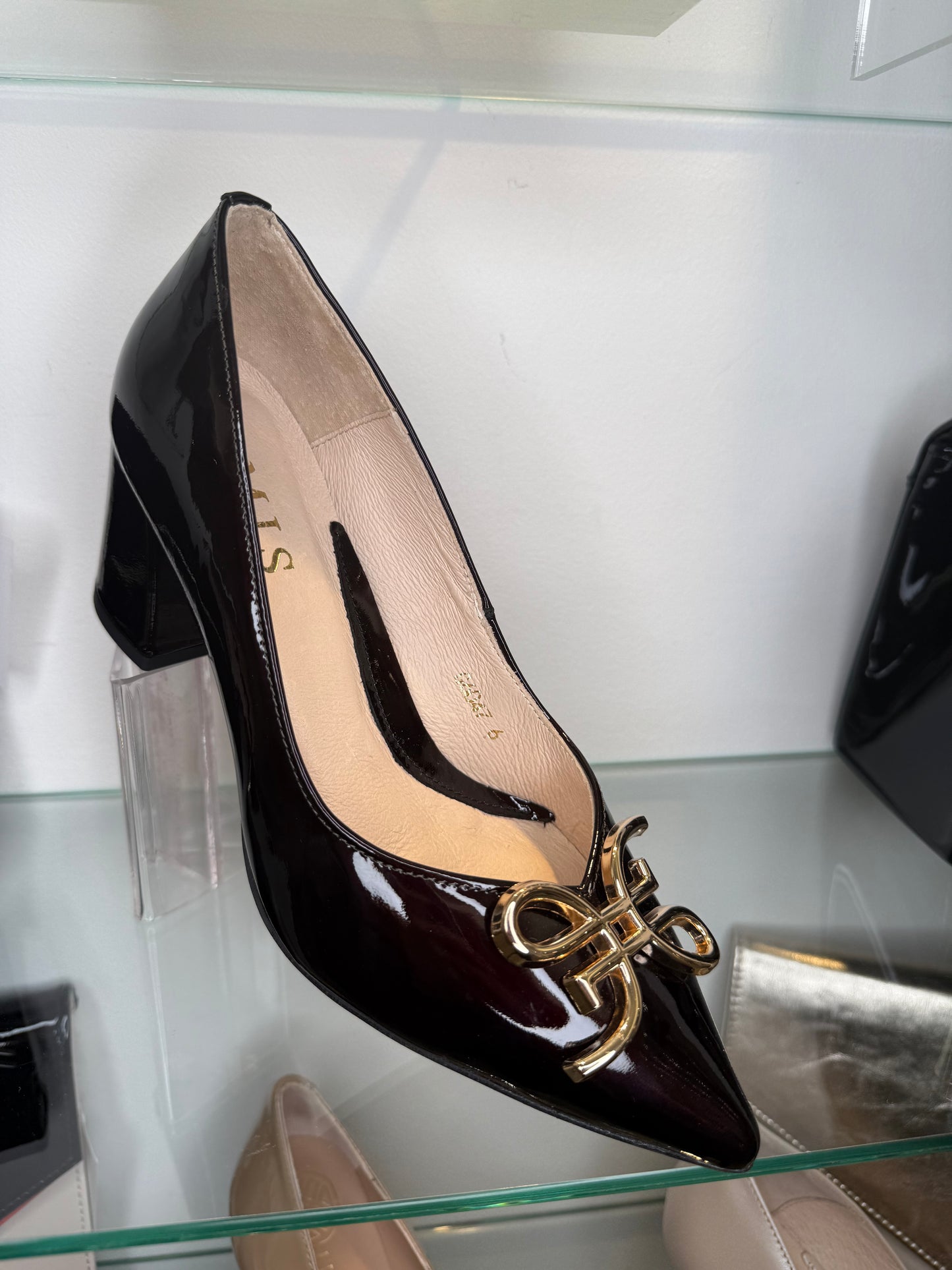 Emis - Deep Bordo Patent Pointy Toe Block Heel Court Shoe