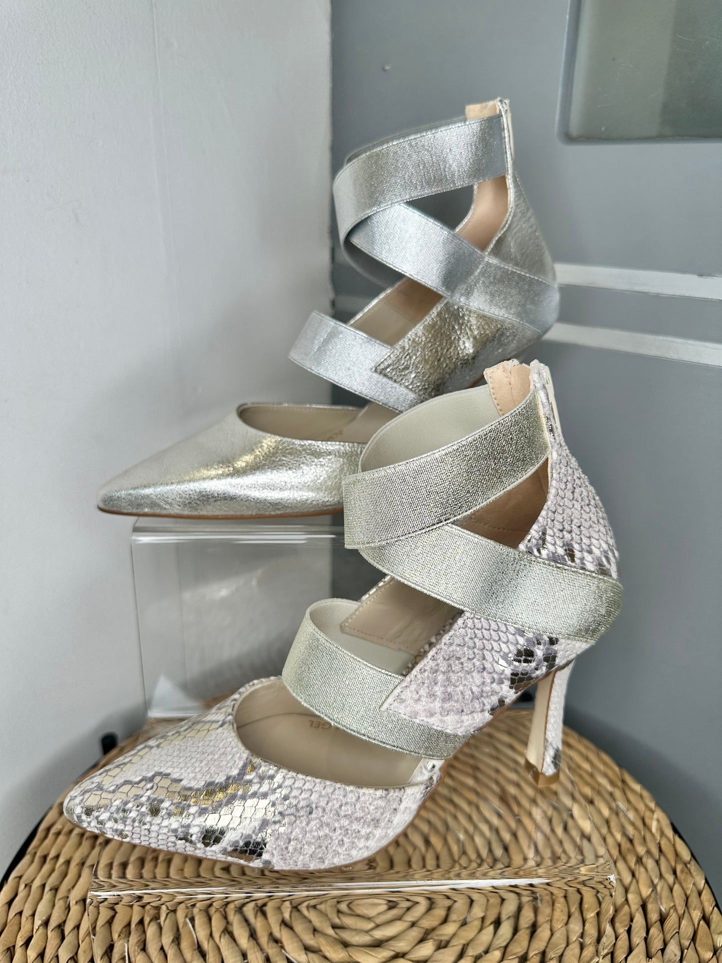 Marian -Cream / Gold Snake Print Pointy Shoe Strappy Court Shoe