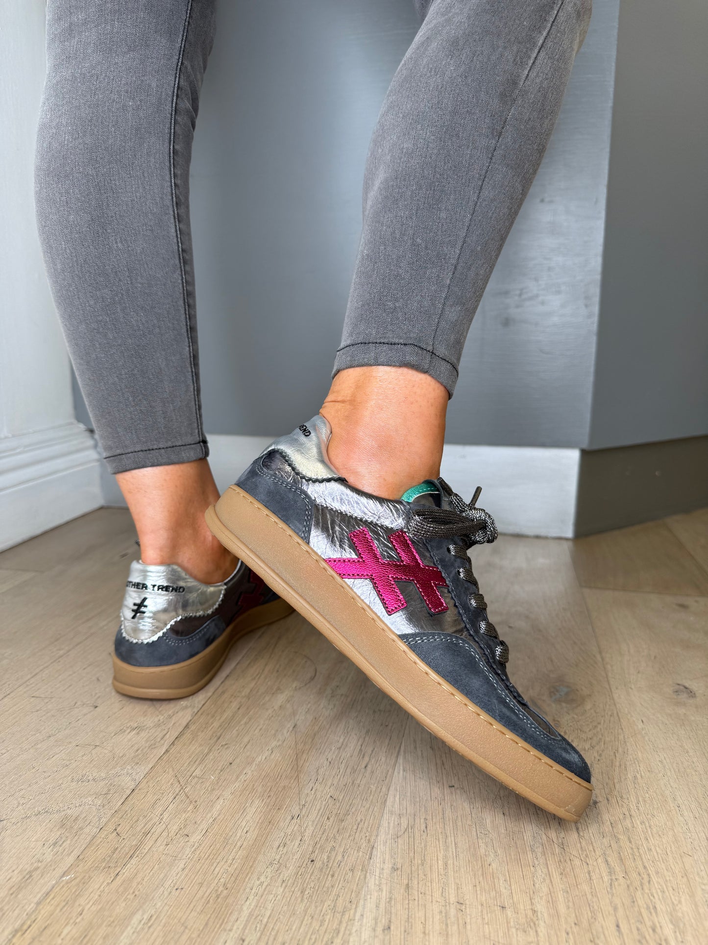 Another Trend - Grey Suede/Metallic Trainer With Pink and Turquoise Trim