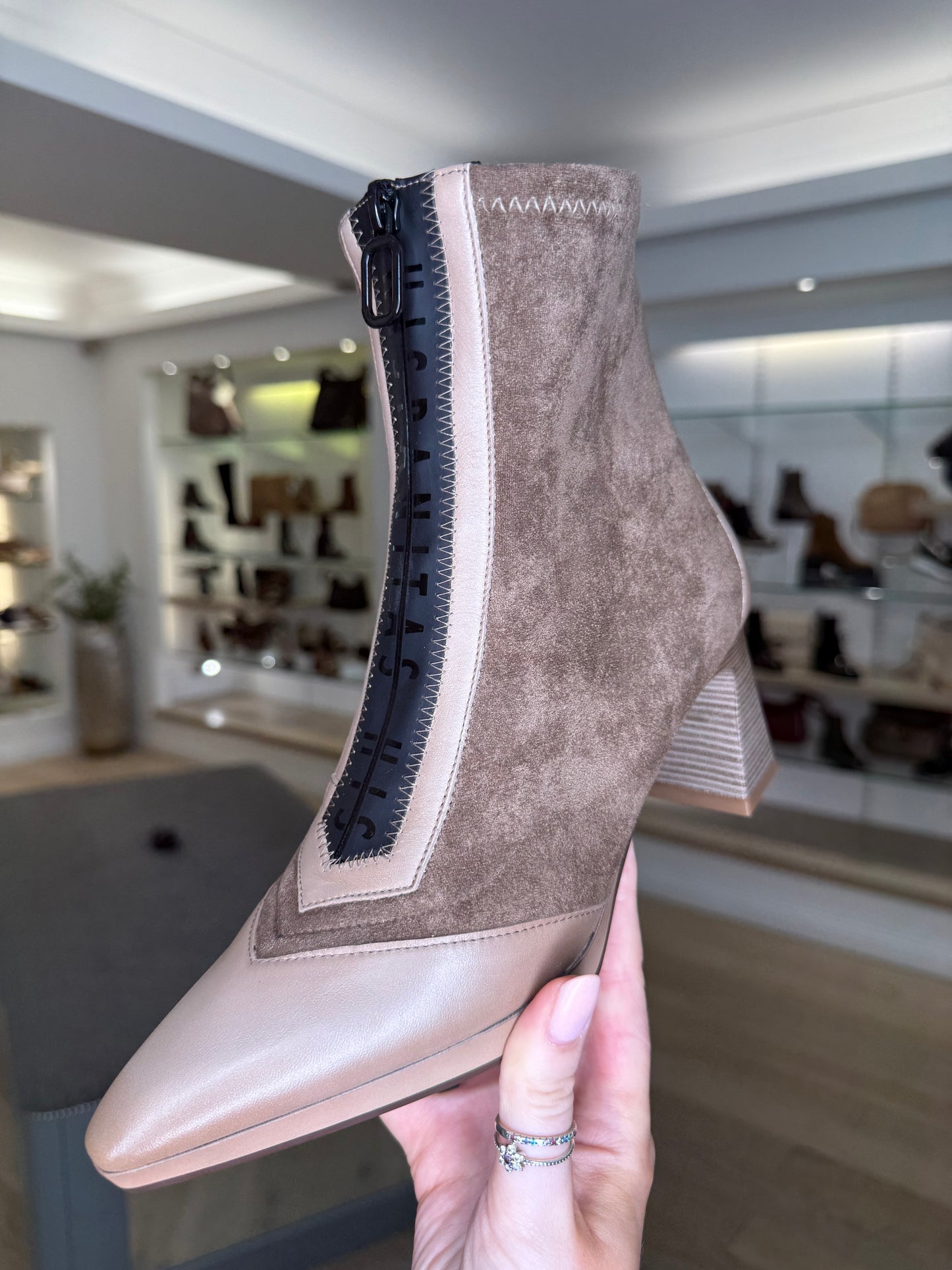 Hispanitas - Taupe Suede/Leather Mix Pointy Toe Boot With Stacked Heel