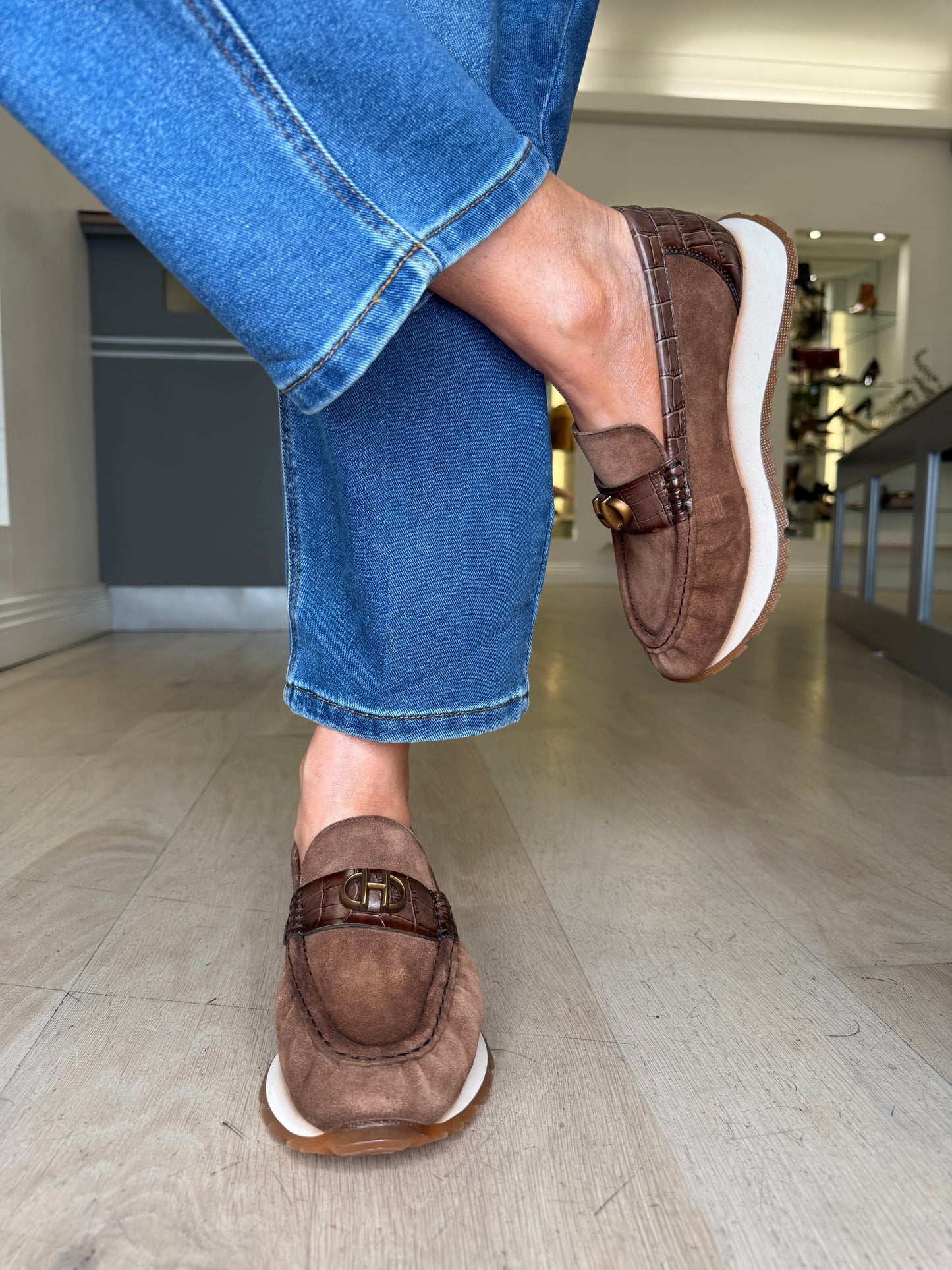 Hispanitas - Soft Brown Suede Moccasin Shoe With Dark Brown Croc Trim
