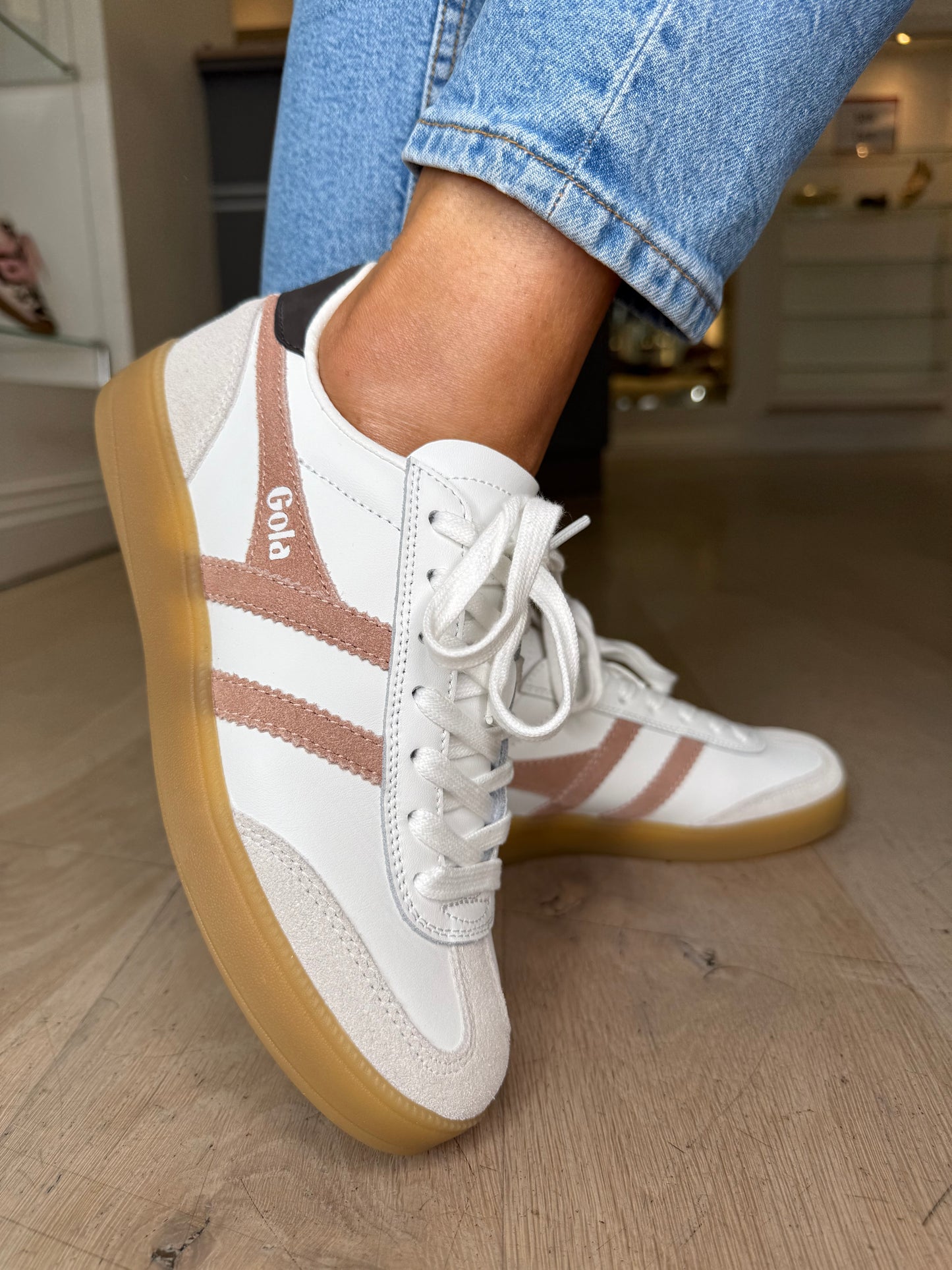 Gola = Viper White Leather Gum Sole Trainers With Dark Brown Trim