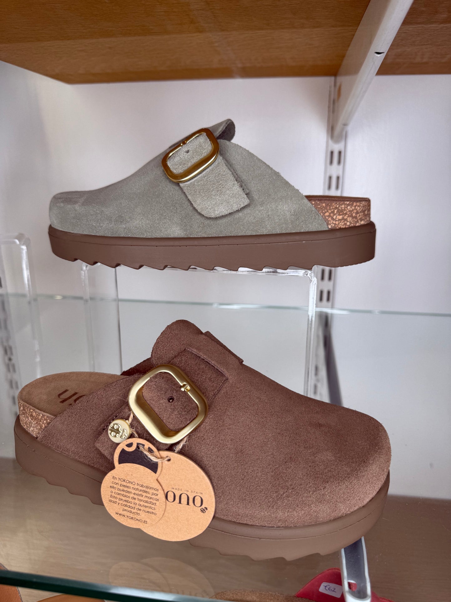 Yokono - Soft Green Suede Mule Clog With Matt Gold Buckle Trim