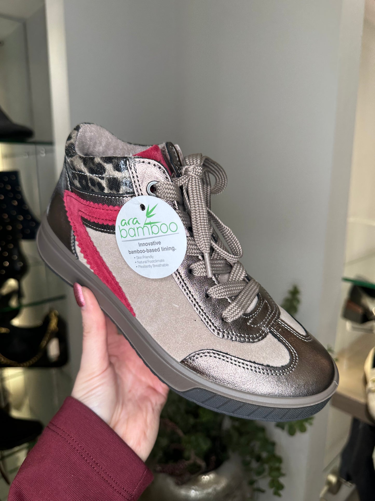 Ara - Soft Metallic Bronze/ Taupe & Red Suede High-Top Trainer