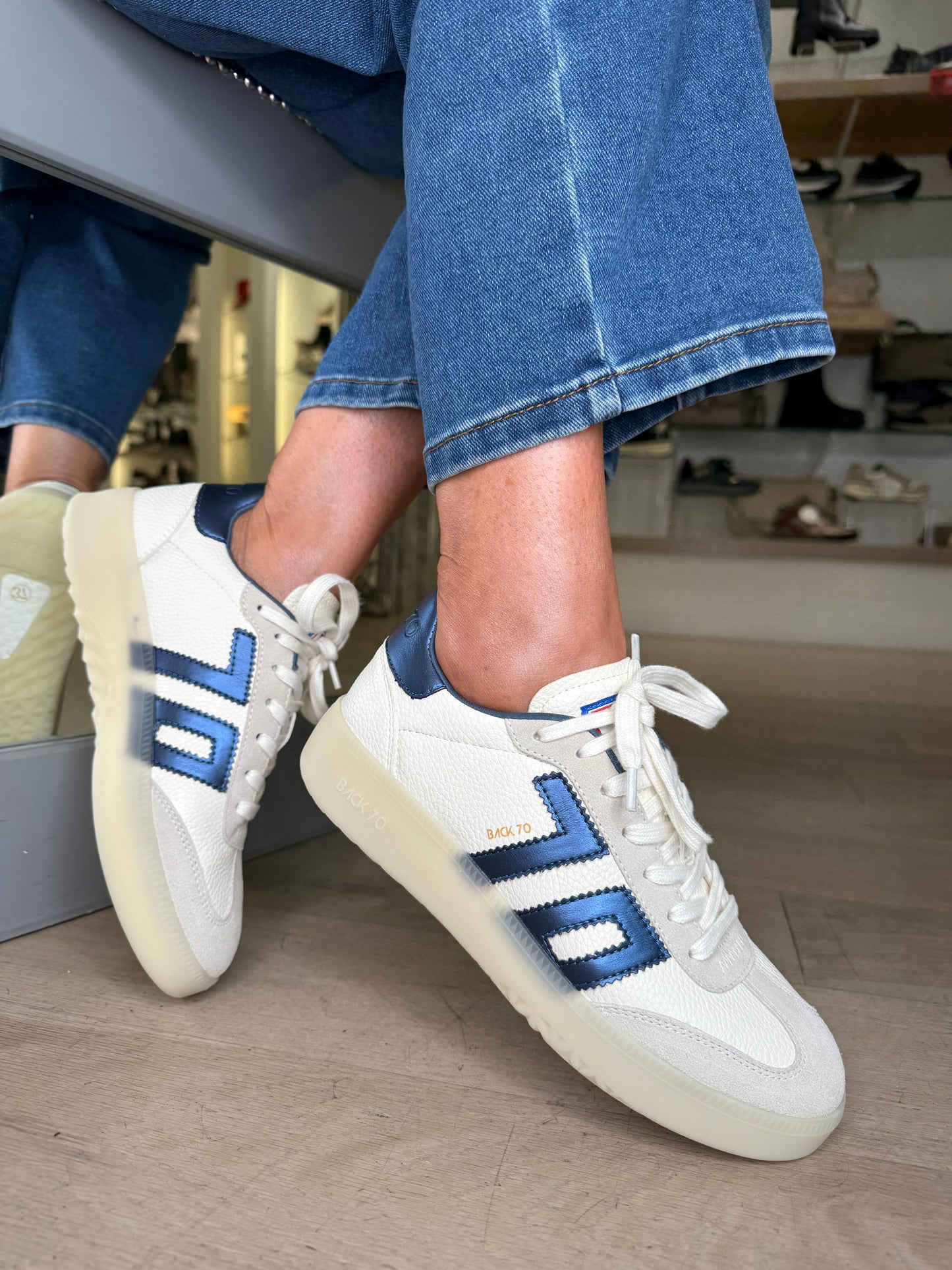 Back 70 - Boston White Leather/ Stone Suede Trainer With Ice Blue Metallic Trim