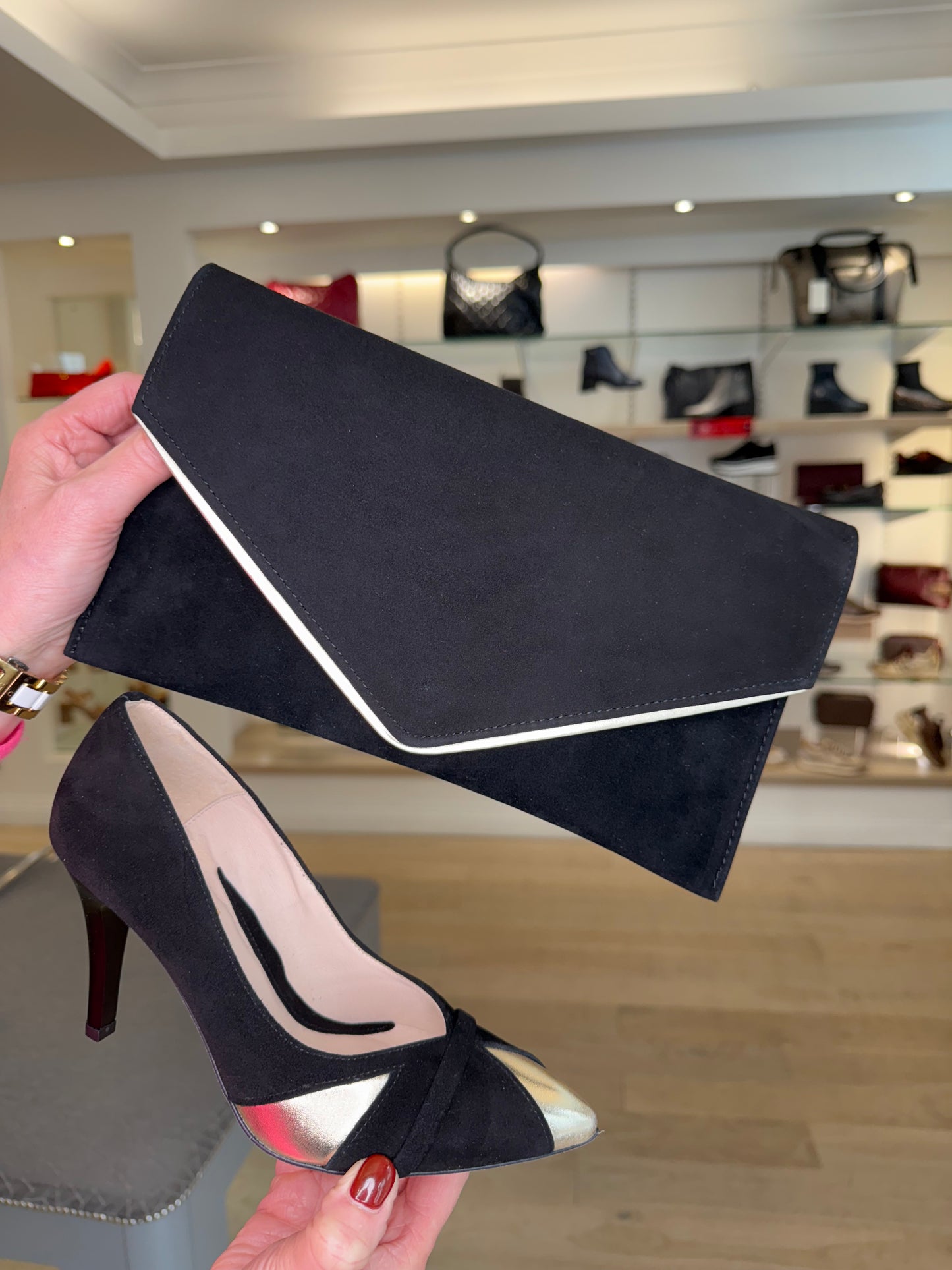 Emis - Black Suede & Gold Trim Pointy Toe Court Shoe