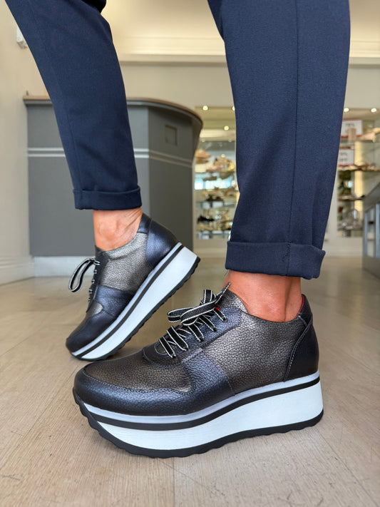Jose Saenz - Metallic Dark Navy/Pewter Lace Up White Chunky Sole Shoe