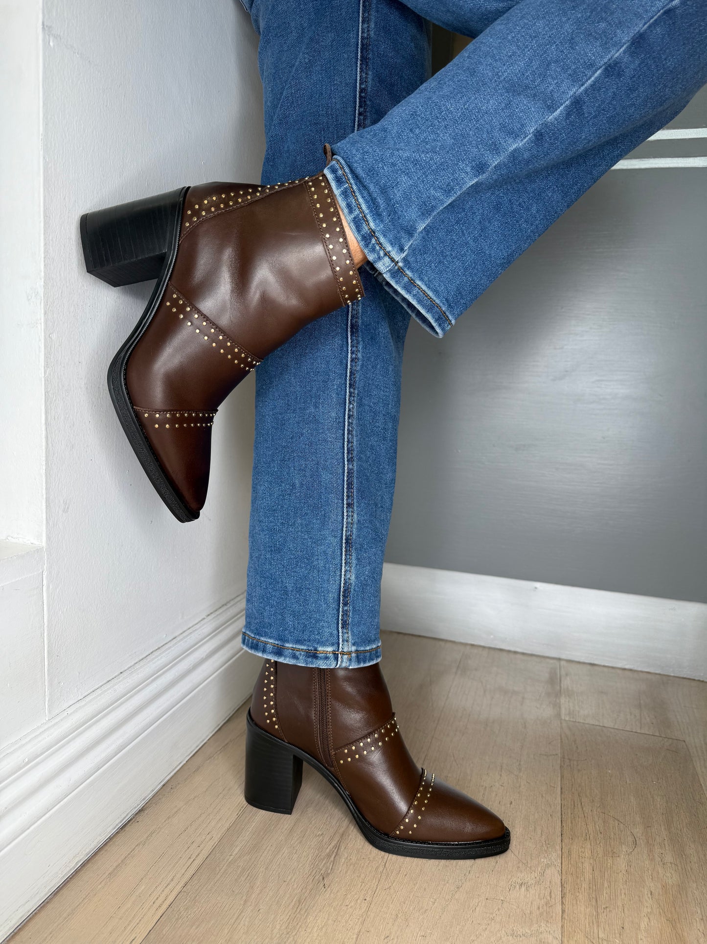 Alpe - Dark Brown Leather Boot With Gold Stud Trim & Block Heel