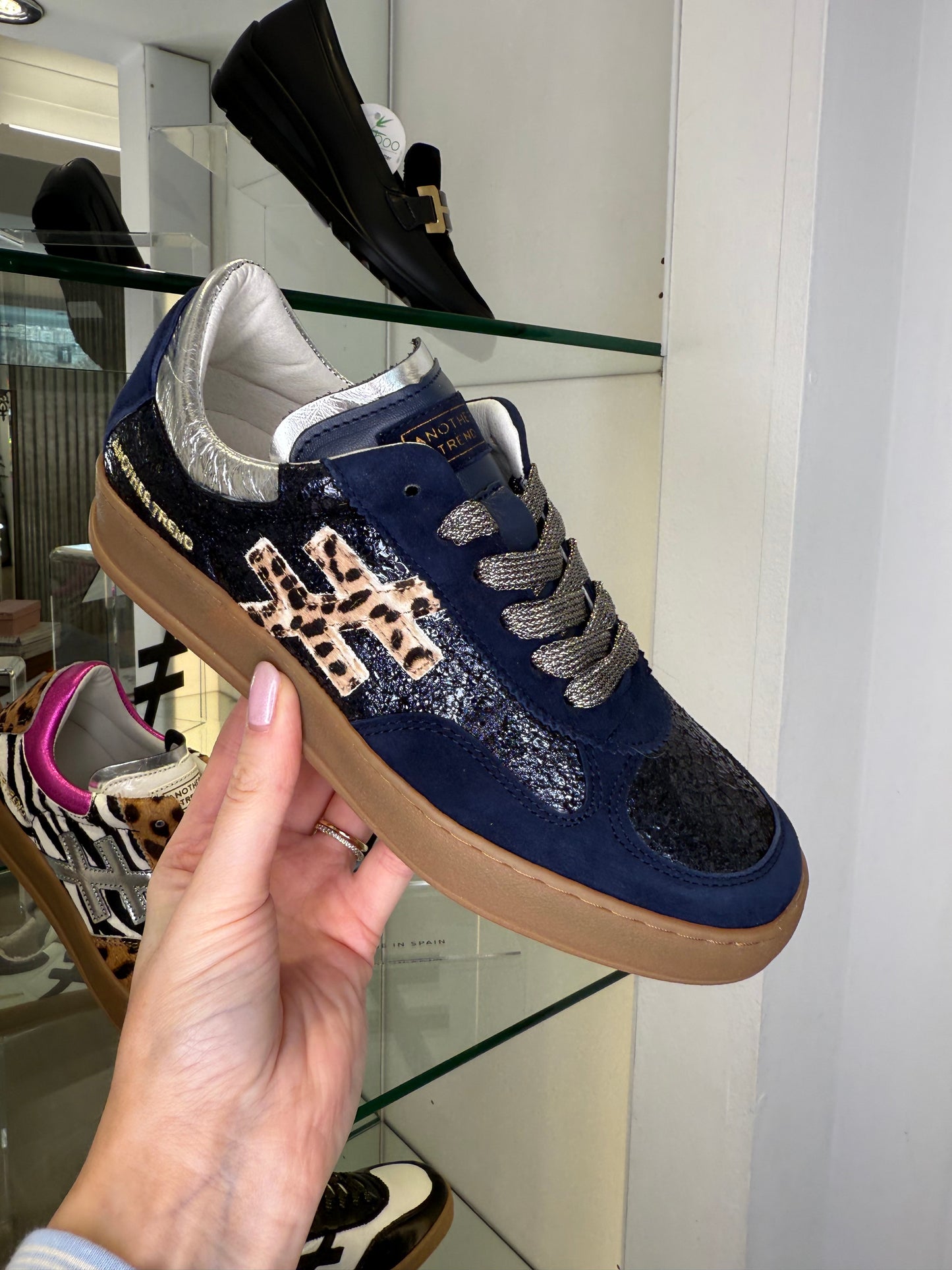 Another Trend -Multi Suede Navy Mix Trainer With Leopard Print & Metallic Silver Trim