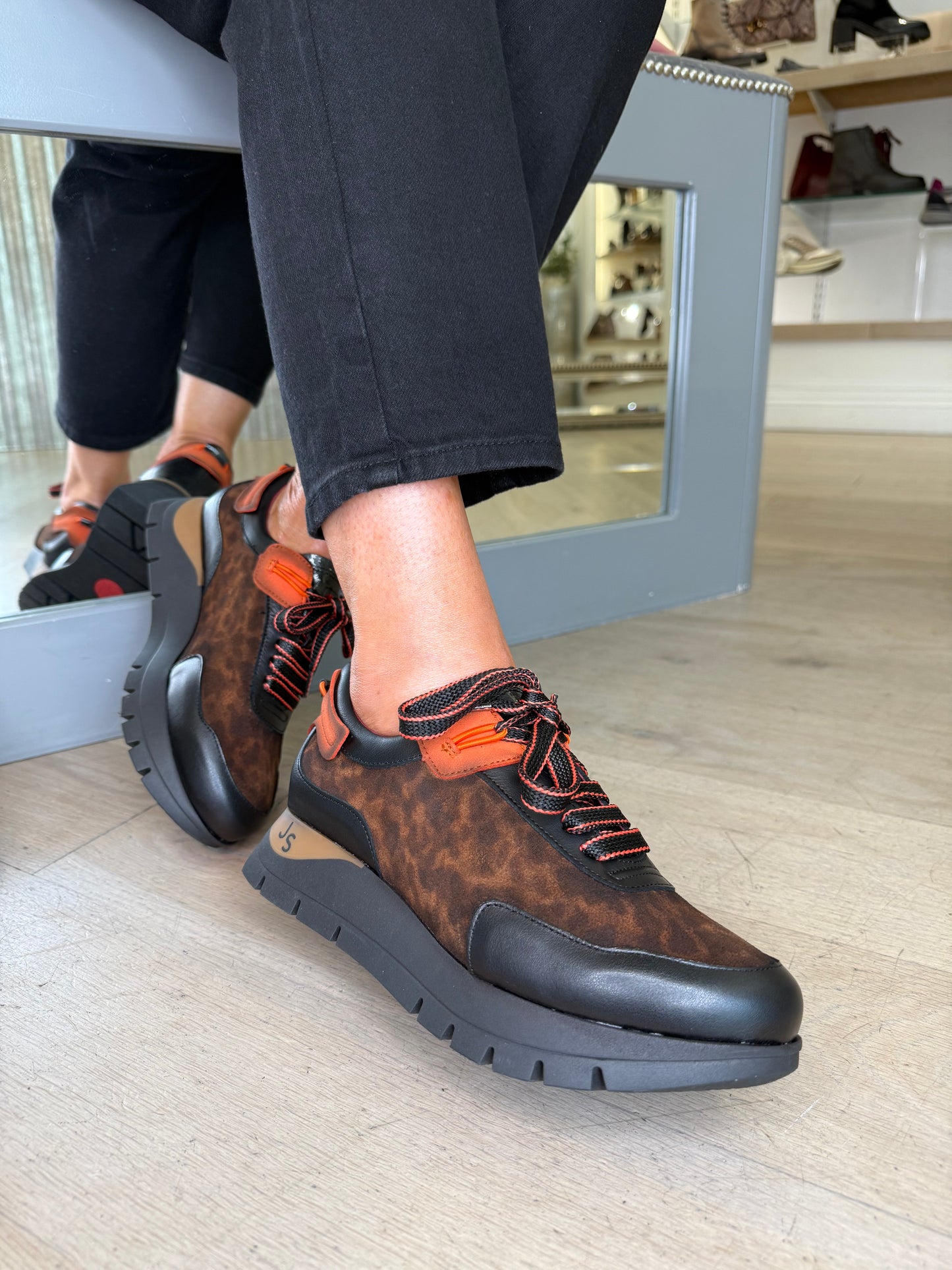 Jose Saenz - Black Leather / Leopard Print Trainer With A Burnt Orange Trim