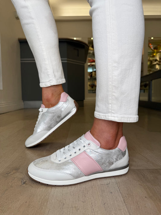 Ara - White Nappa Leather Trainer With Silver Shimmer & Baby Pink Trim