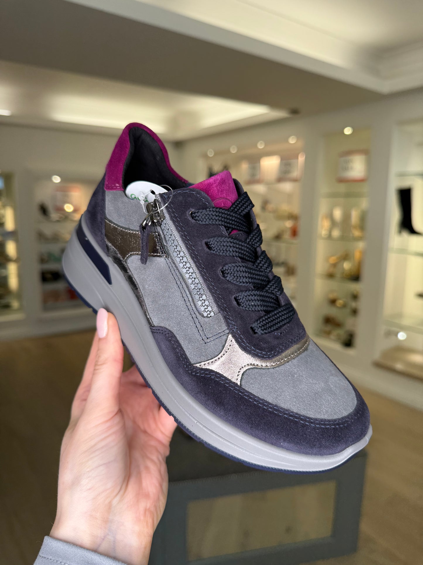 Ara - Dark Navy / Grey Suede Multi Coloured Lace Up Trainer With Side Zip