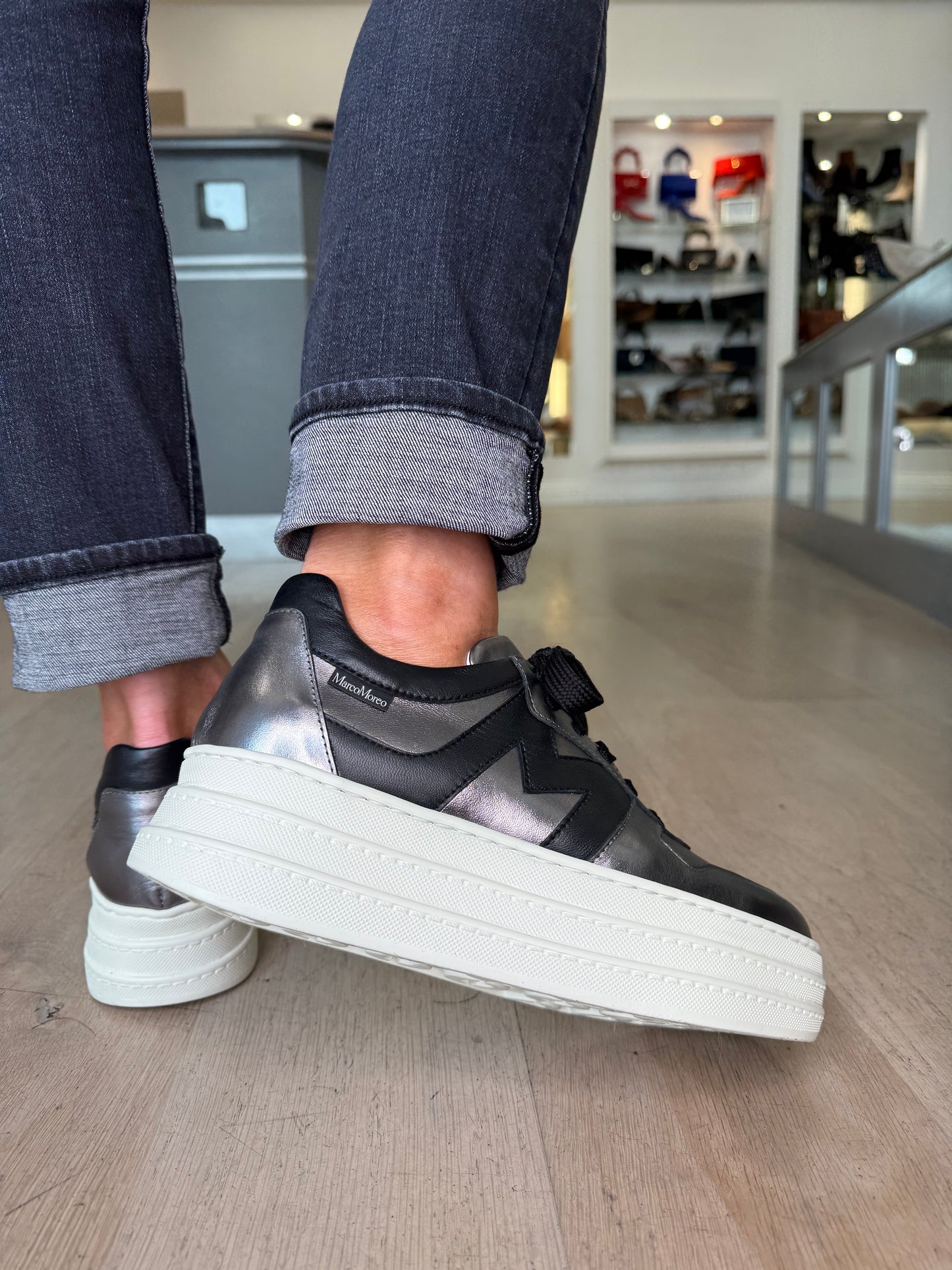Marco Moreo -Metallic Pewter Flatform Trainer With Black Trim