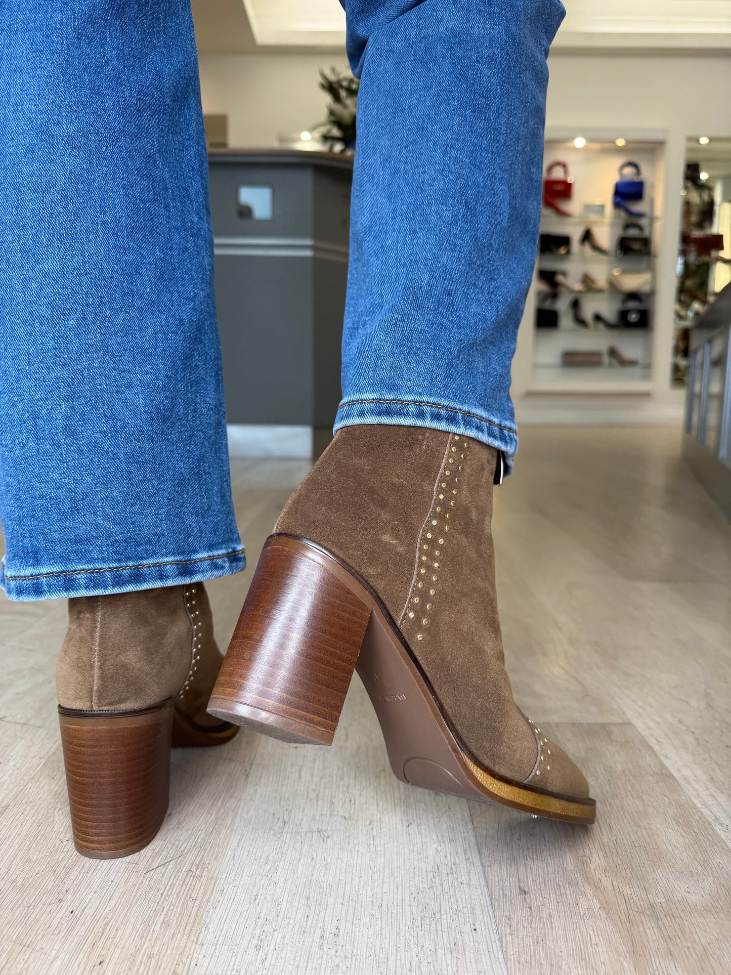 Alpe - Tobacco Suede Zip Up Pointy Toe Boot With Block Heel & Gold Stud Trim