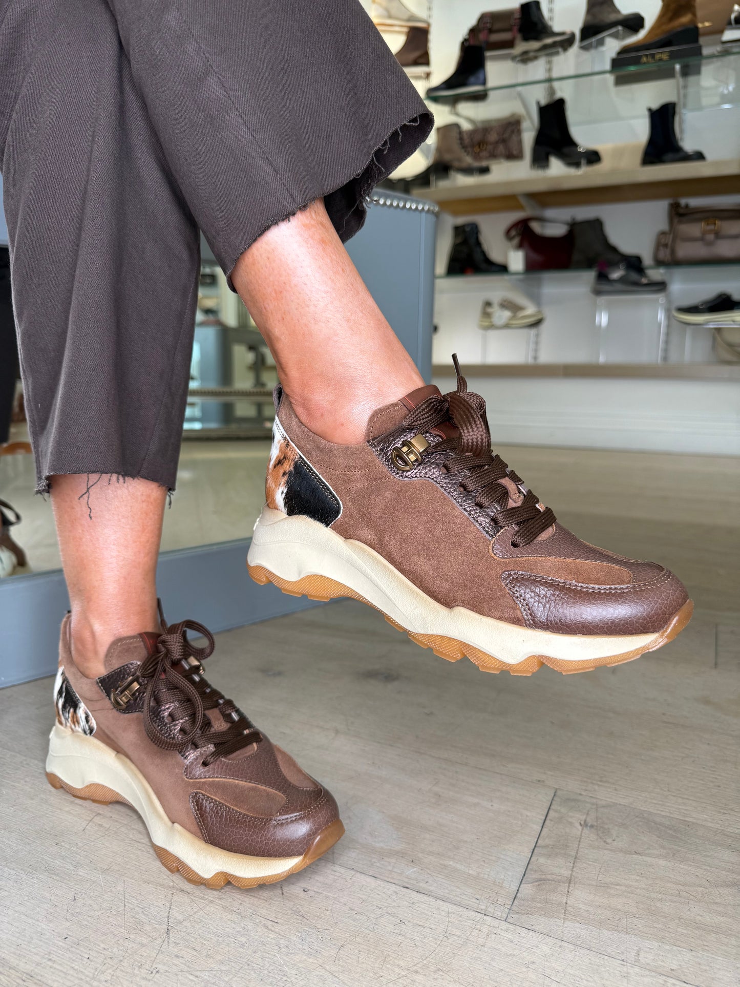 Hispanitas -Brown Suede/ Leather Animal Print Trainer With Metallic Bronze trim