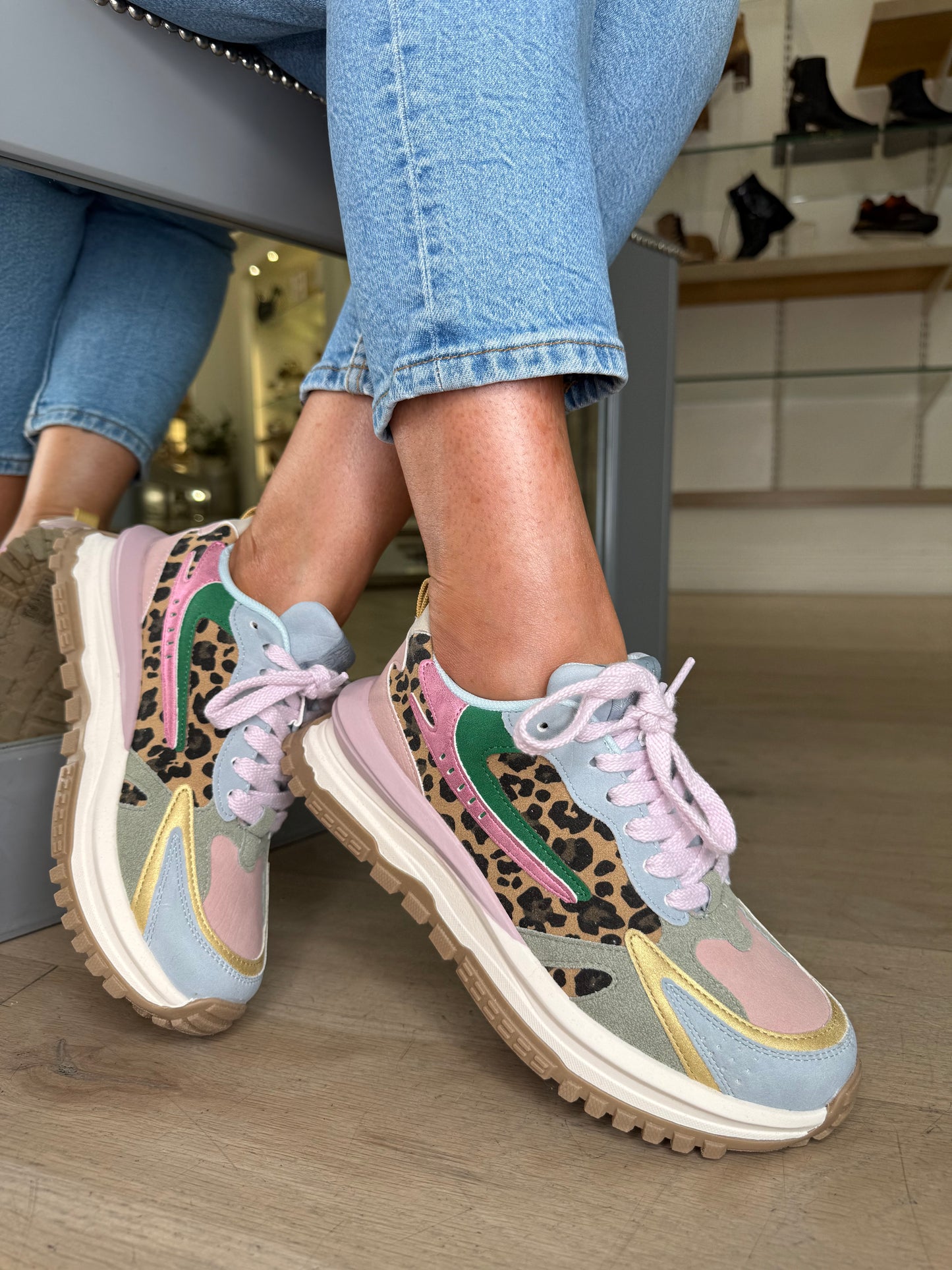Blowfish Malibu - Leo Leopard Suede/ Multi Pastel Combo Retro Lace Up Chunky Trainer