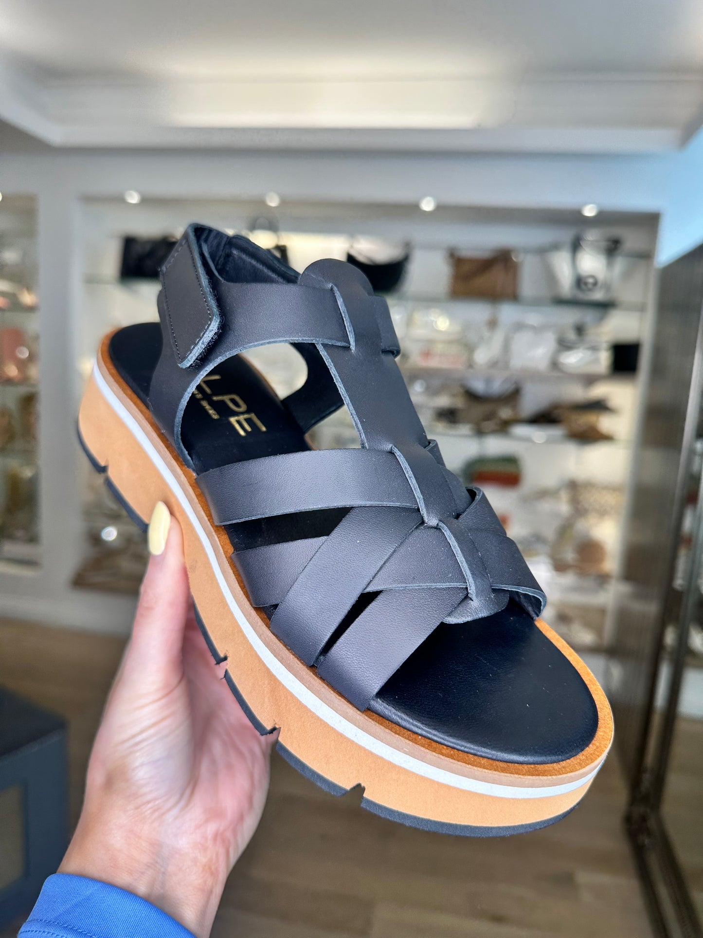 Alpe -Black Gladiator Chunky Sole Sandal With Velcro Strap
