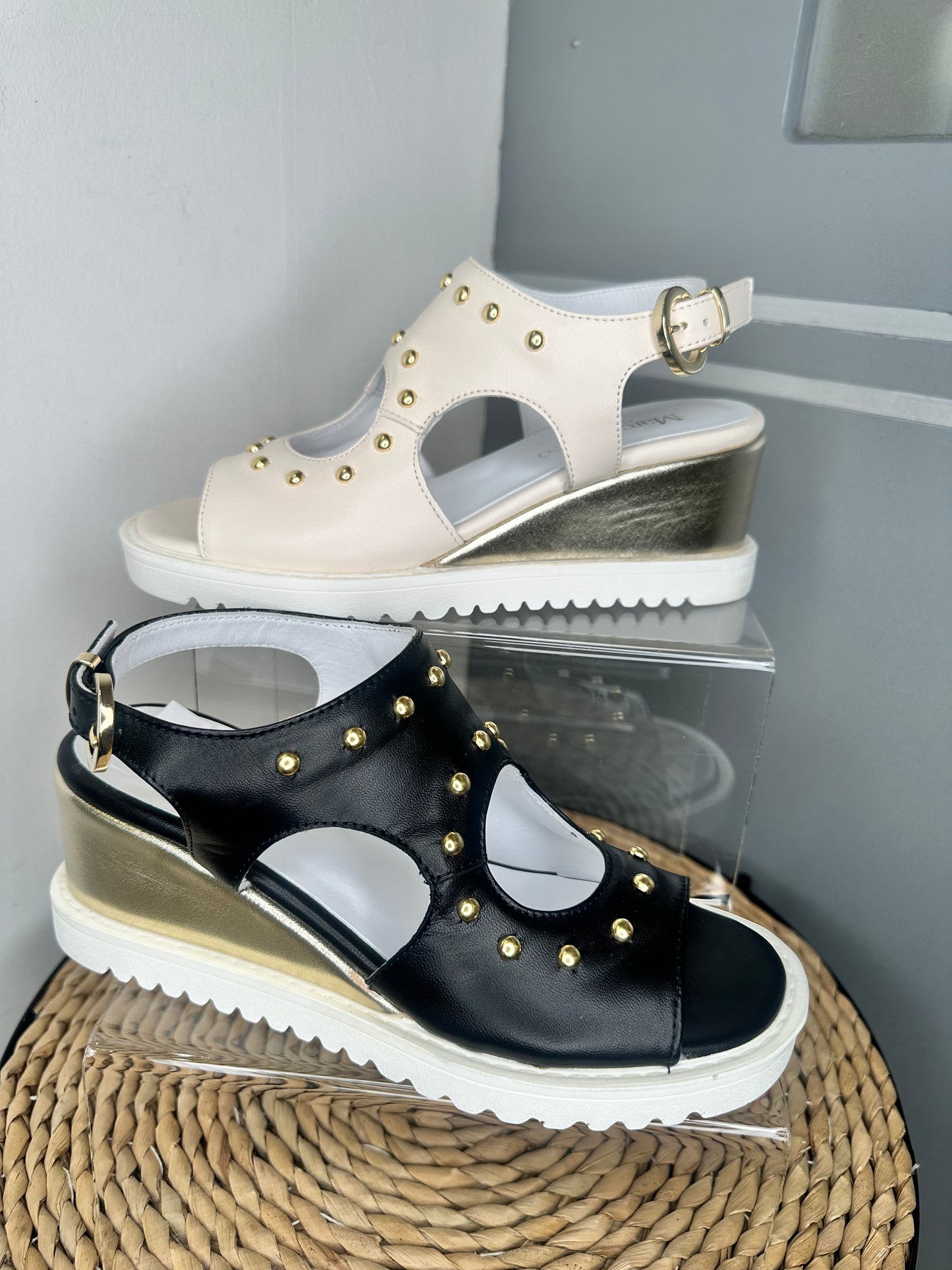 Marco Moreo - Cream Nappa Leather Wedge Sandal With Gold Stud Trim