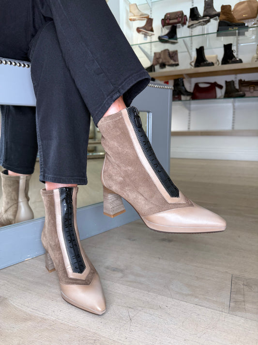 Hispanitas - Taupe Suede/Leather Mix Pointy Toe Boot With Stacked Heel
