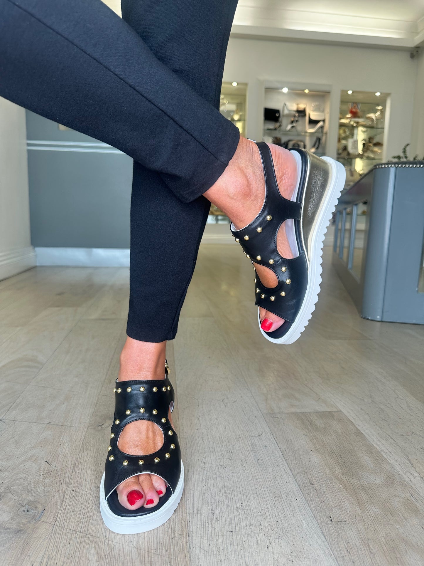 Marco Moreo - Black Nappa Leather Wedge Sandal With Gold Stud Trim