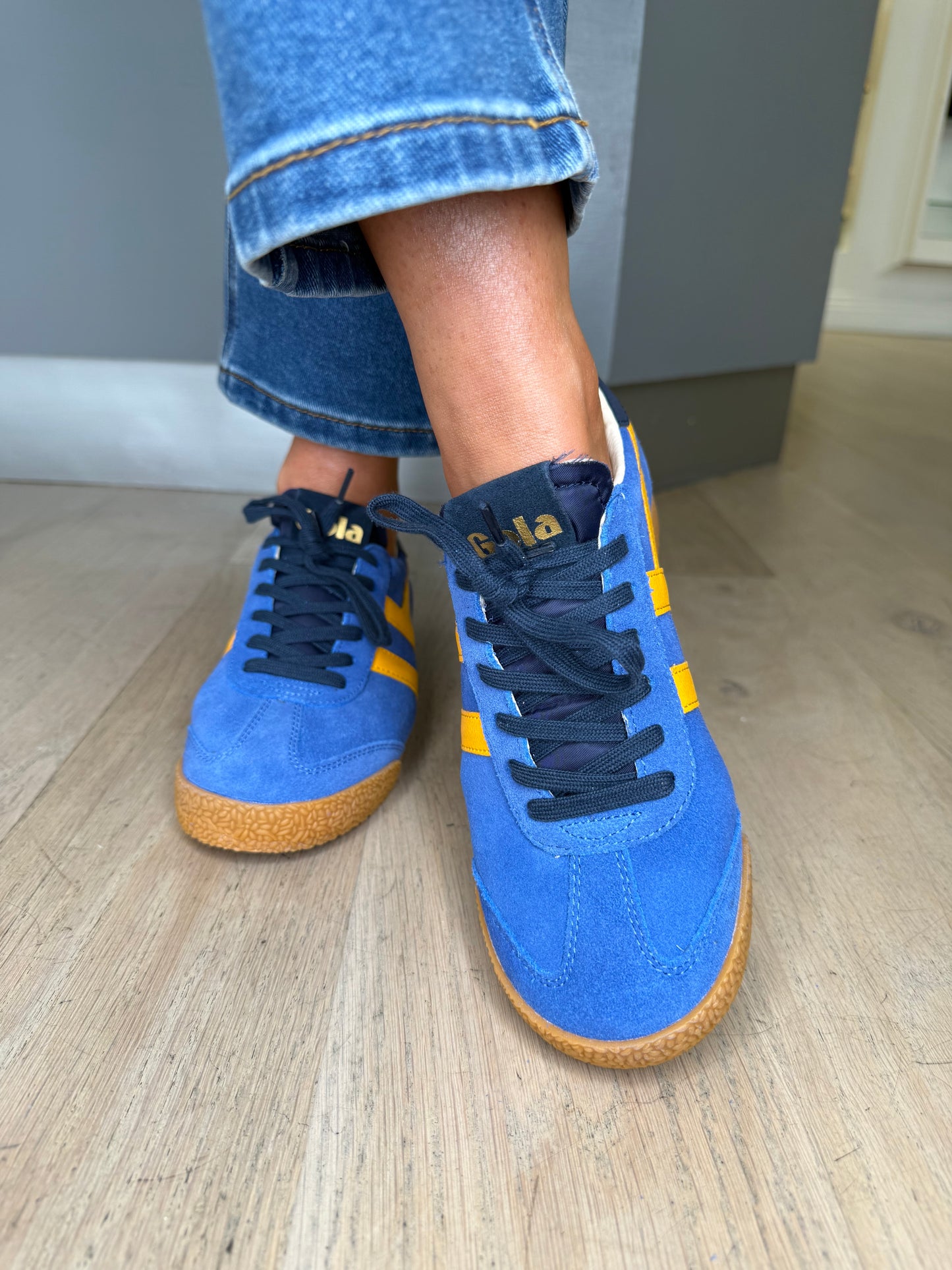 Gola - Elan Sapphire Blue Suede Trainer With Sunflower Yellow & Dark Navy Trim