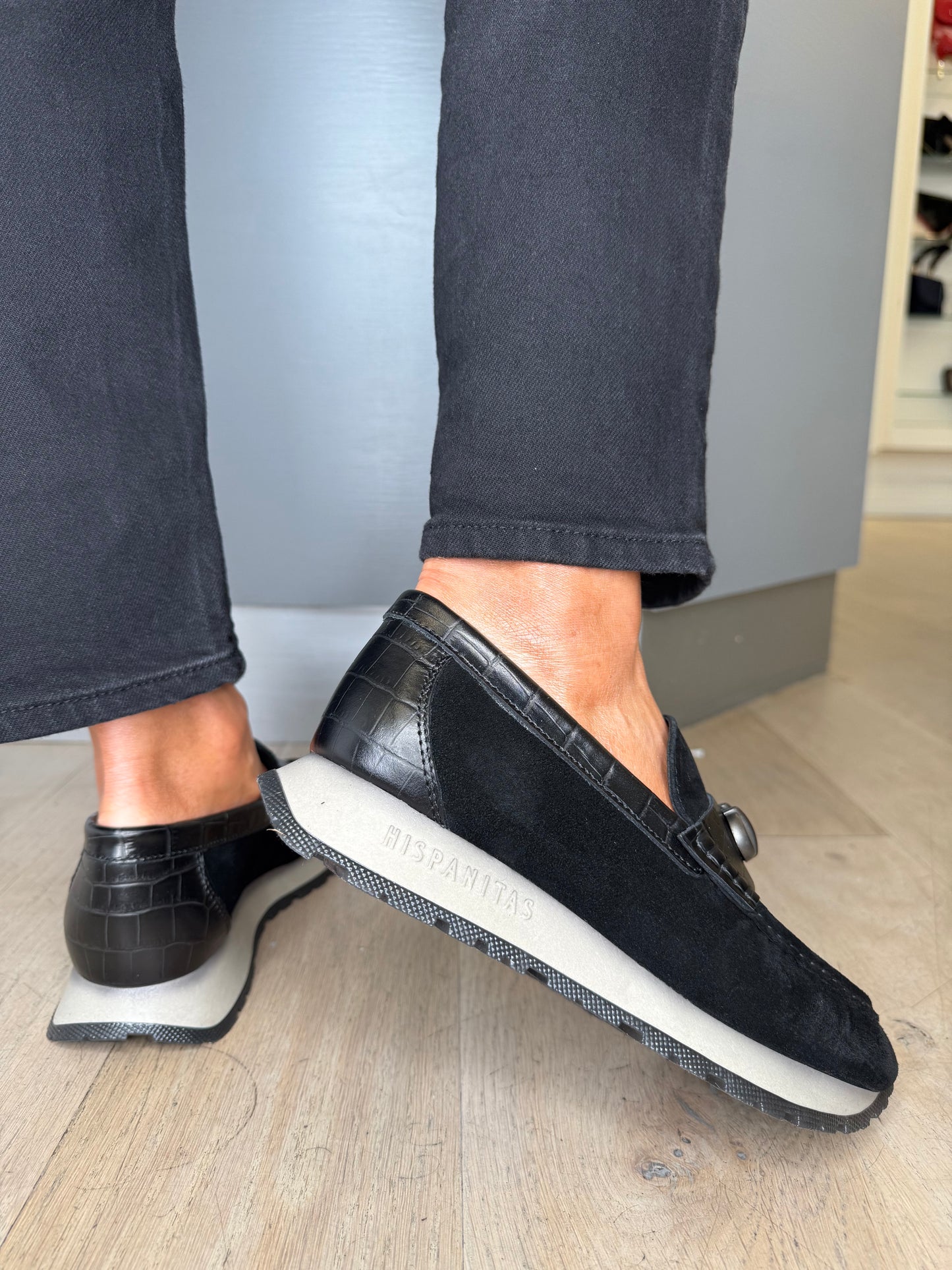 Hispanitas - Black Suede Moccasin Shoe With Black Leather Croc Trim
