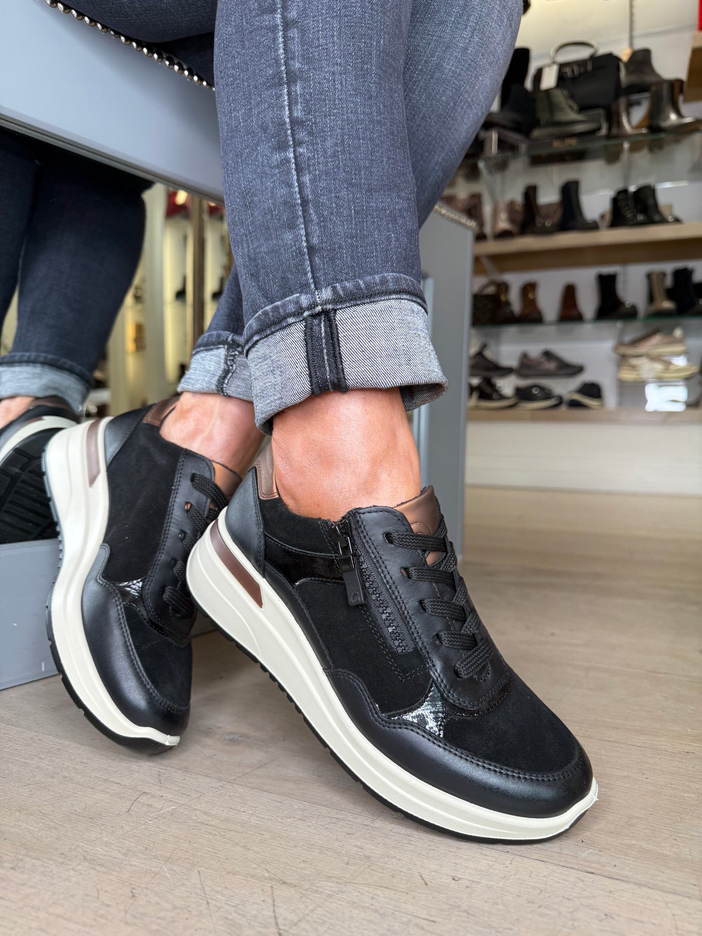 Ara - Black Suede / Leather Mix Lace Up Trainer With Side Zip