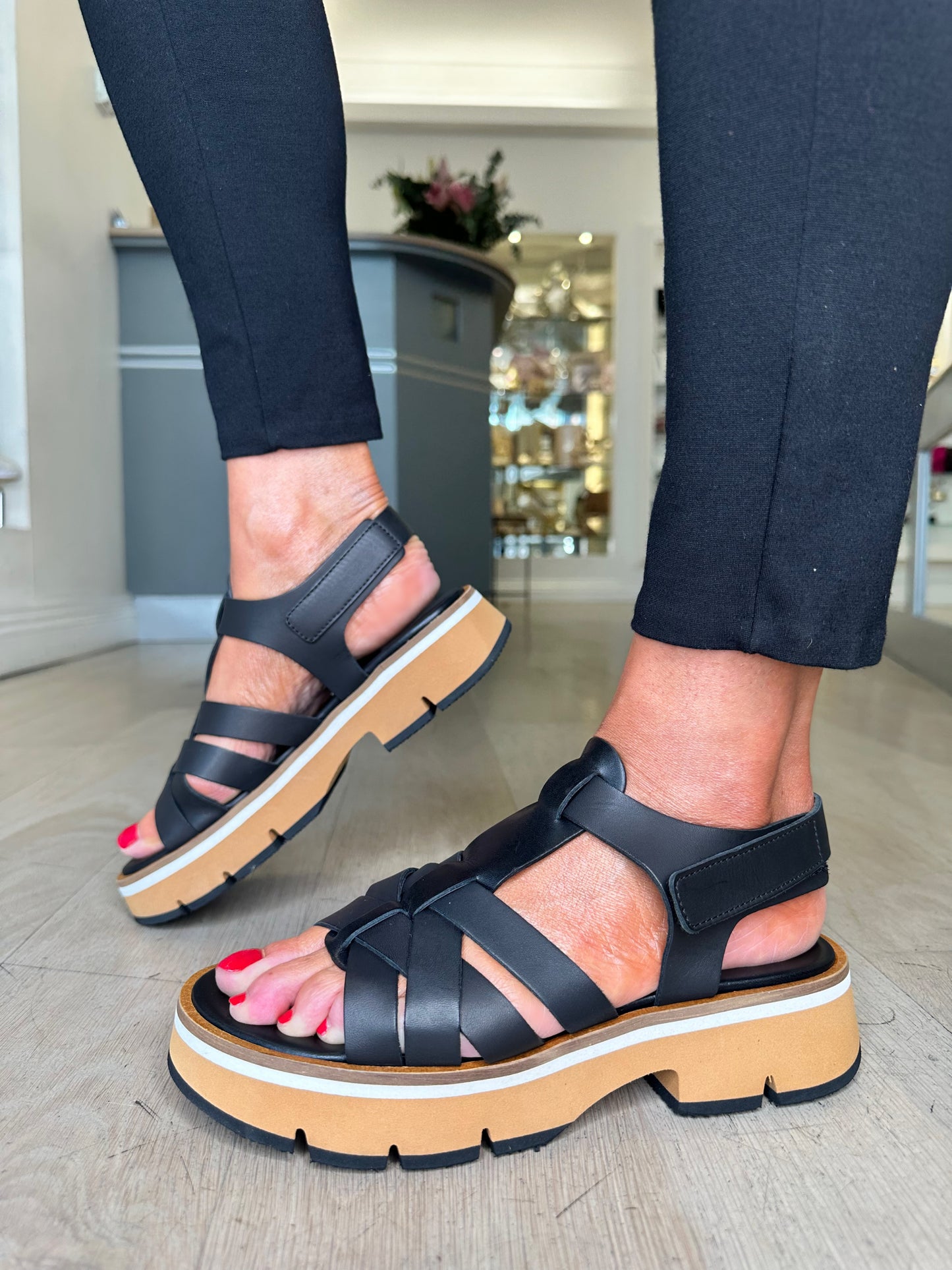 Alpe -Black Gladiator Chunky Sole Sandal With Velcro Strap
