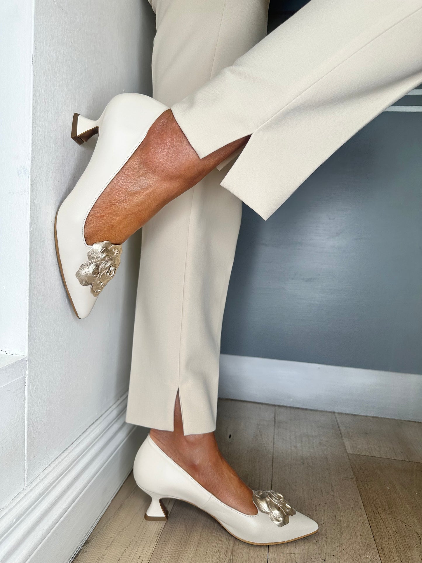 Marian - Rich Cream Nappa leather Kitten Heel Shoe With Soft Gold Flower Trim