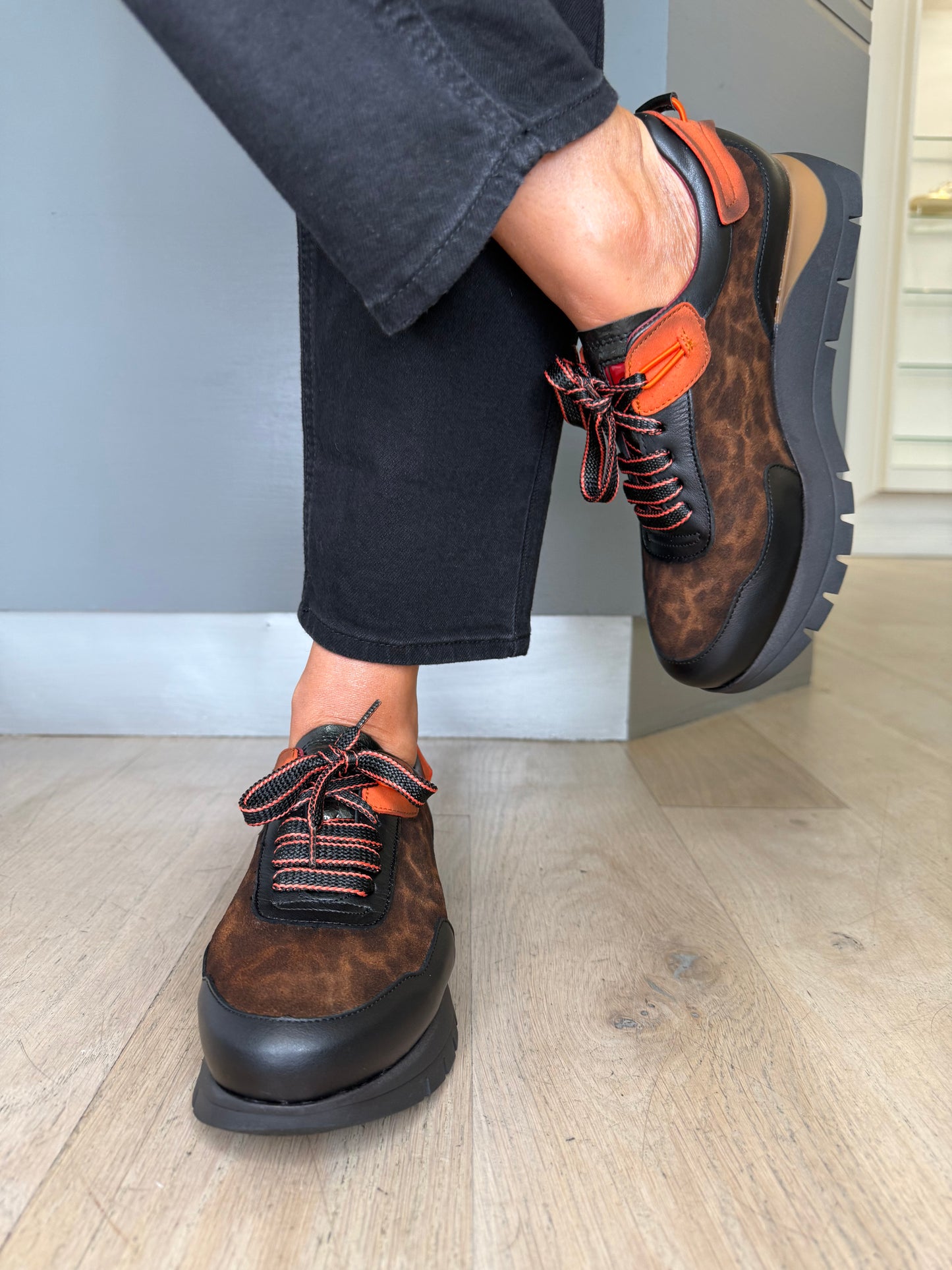 Jose Saenz - Black Leather / Leopard Print Trainer With A Burnt Orange Trim