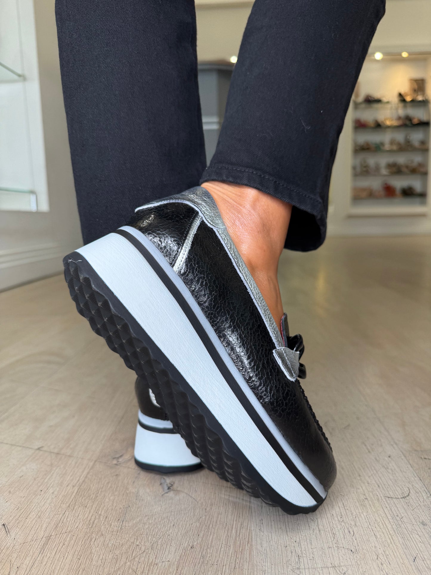 Jose Saenz - Black High Shine Leather Slip On Chunky Sole Shoe