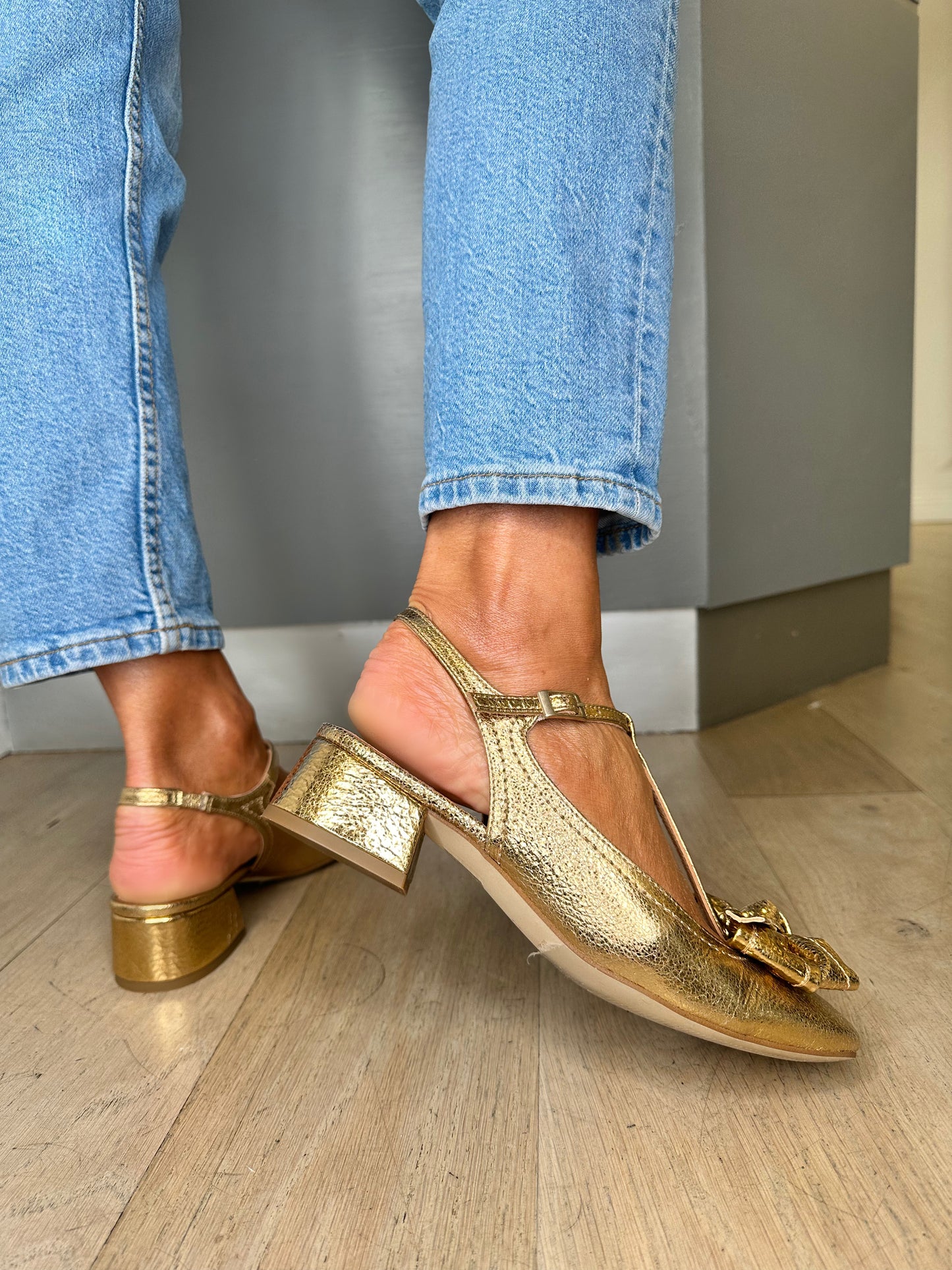 Marian - Antique Gold T-Bar Pomp Style Shoe With Bow Trim