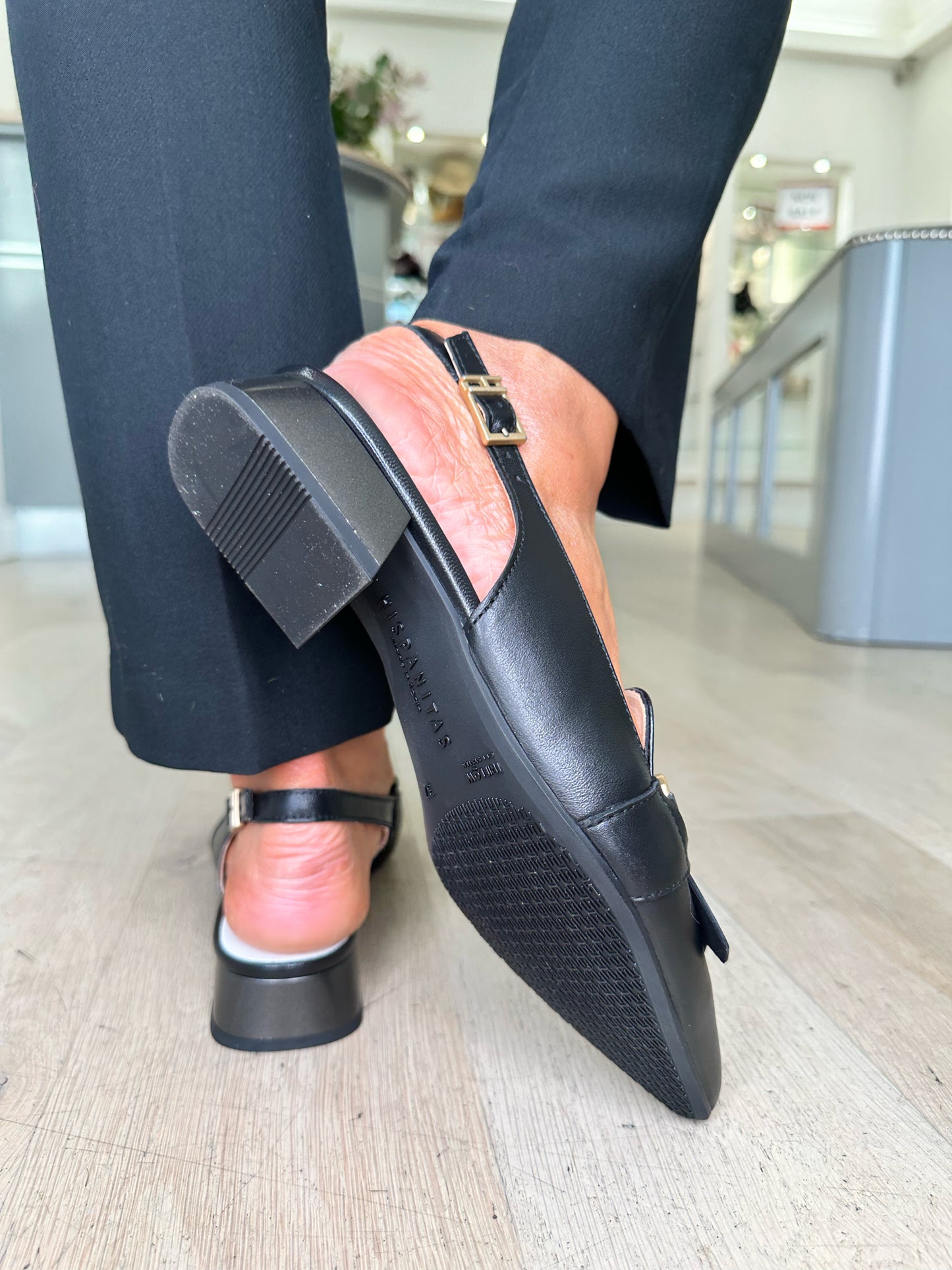 Hispanitas -Black/White Pointy Toe Sling Back Shoe With Gold Trim