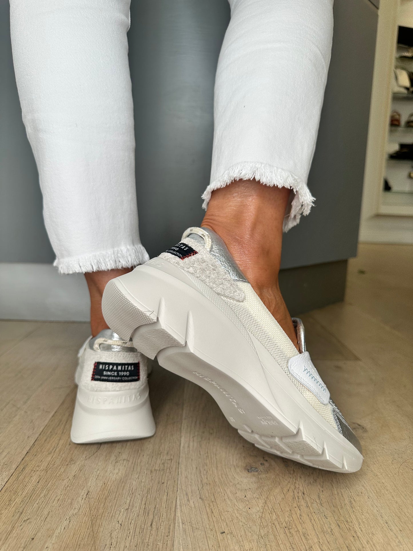 Hispanitas -Cream Mesh/Metallic Silver Slip On Sporty Shoe