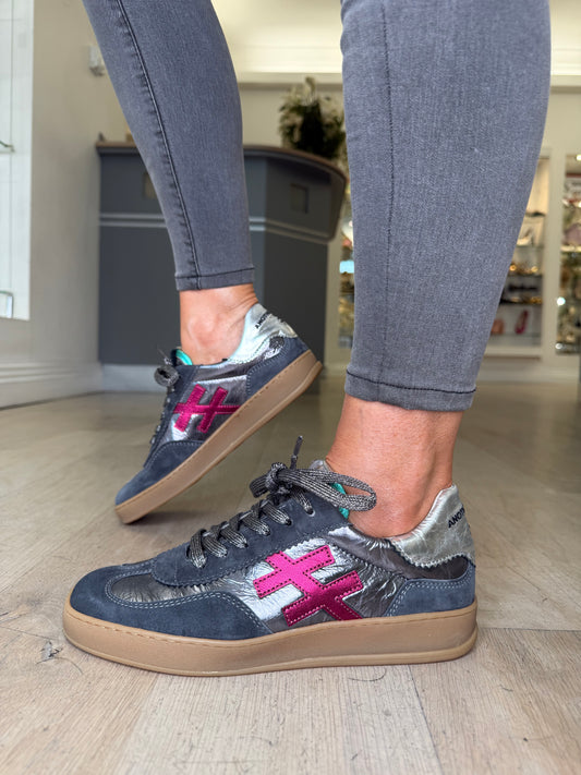 Another Trend - Grey Suede/Metallic Trainer With Pink and Turquoise Trim