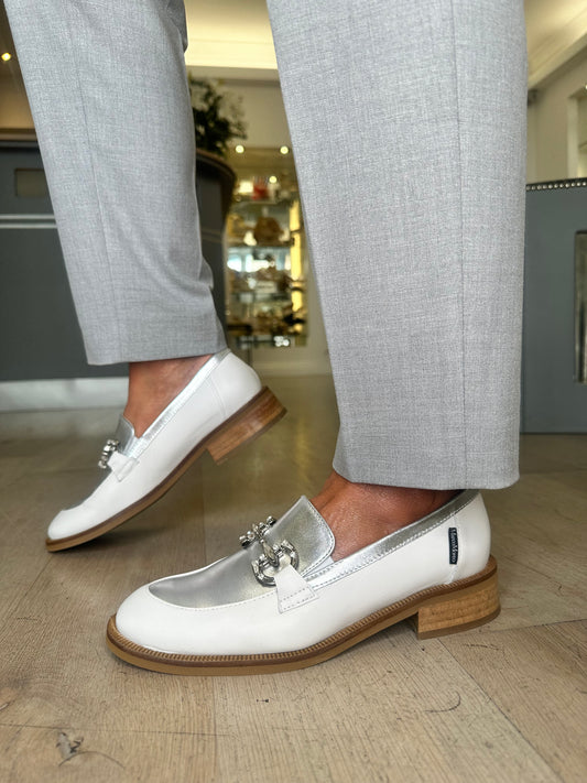 Marco Moreo - White/Silver Loafer With Silver Diamante Trim